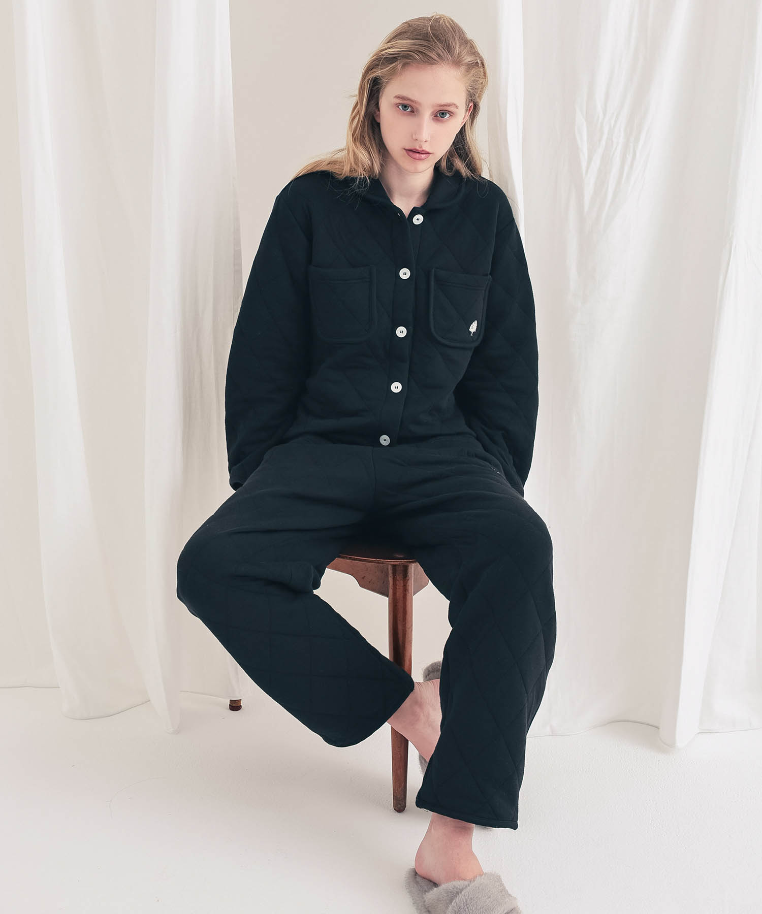 コットン接結(綿入り)厚手キルトボトムス_パジャマ&ルームウェア-ボトムス_ブラック_6