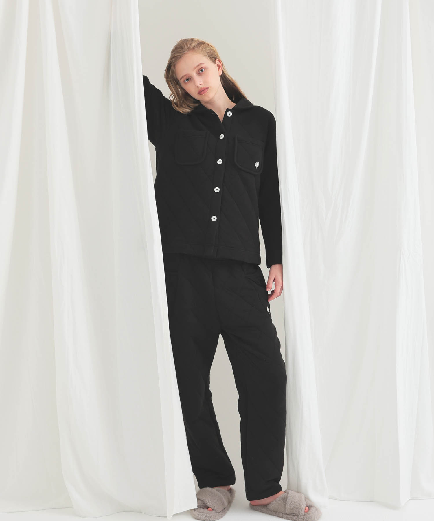 コットン接結(綿入り)厚手キルトトップス_パジャマ&ルームウェア-トップス_ブラック_2