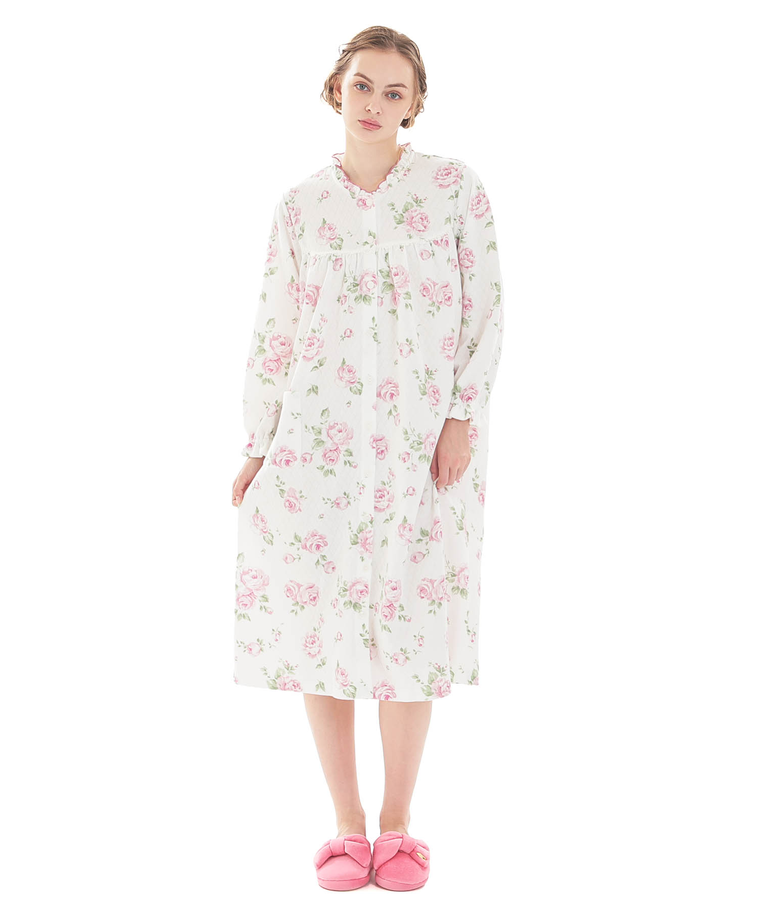 接結（綿入り）ローズワンピース_パジャマ&ルームウェア-ワンピース・ネグリジェ_ホワイト_1