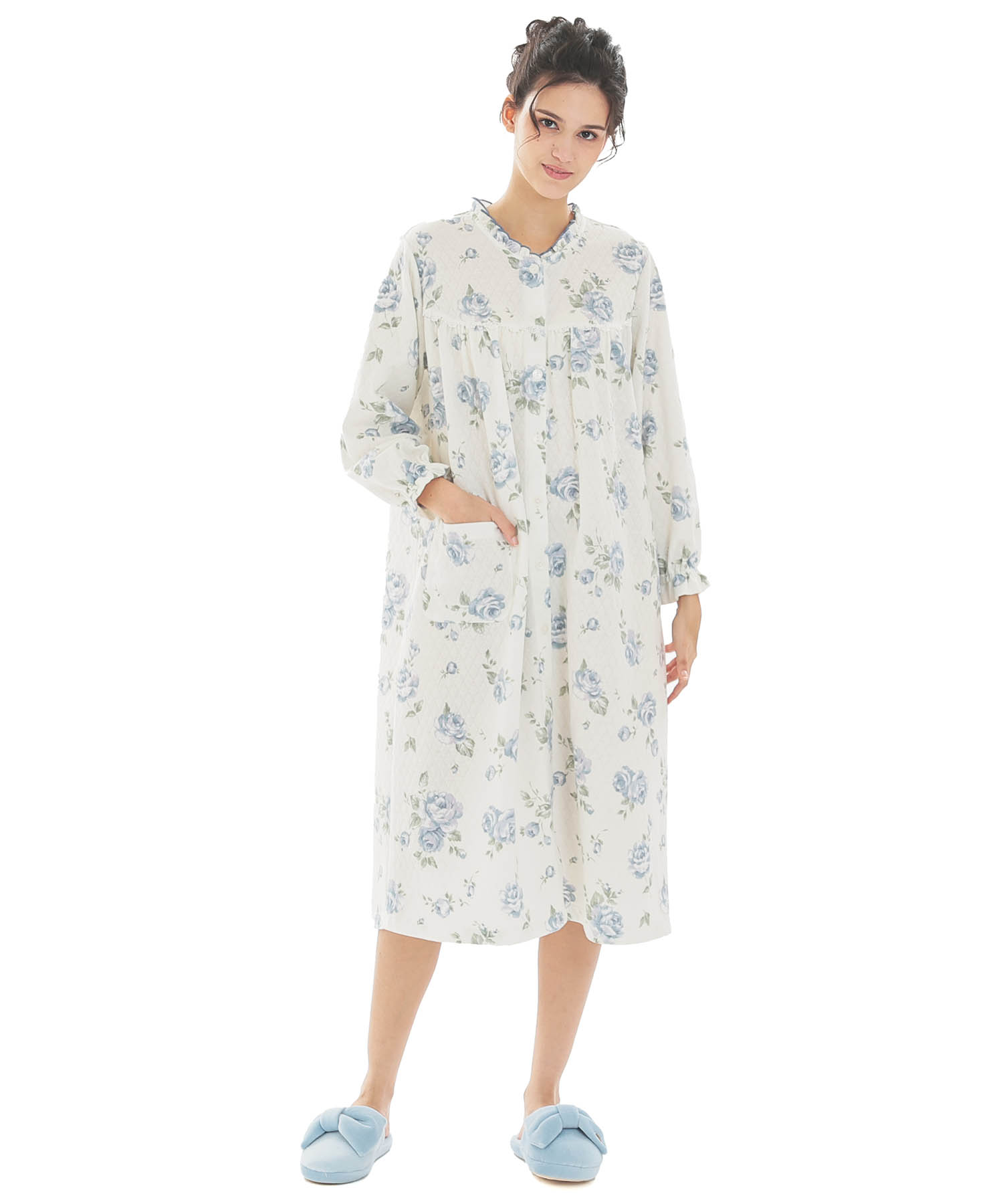 接結（綿入り）ローズワンピース_パジャマ&ルームウェア-ワンピース・ネグリジェ_ブルー_1