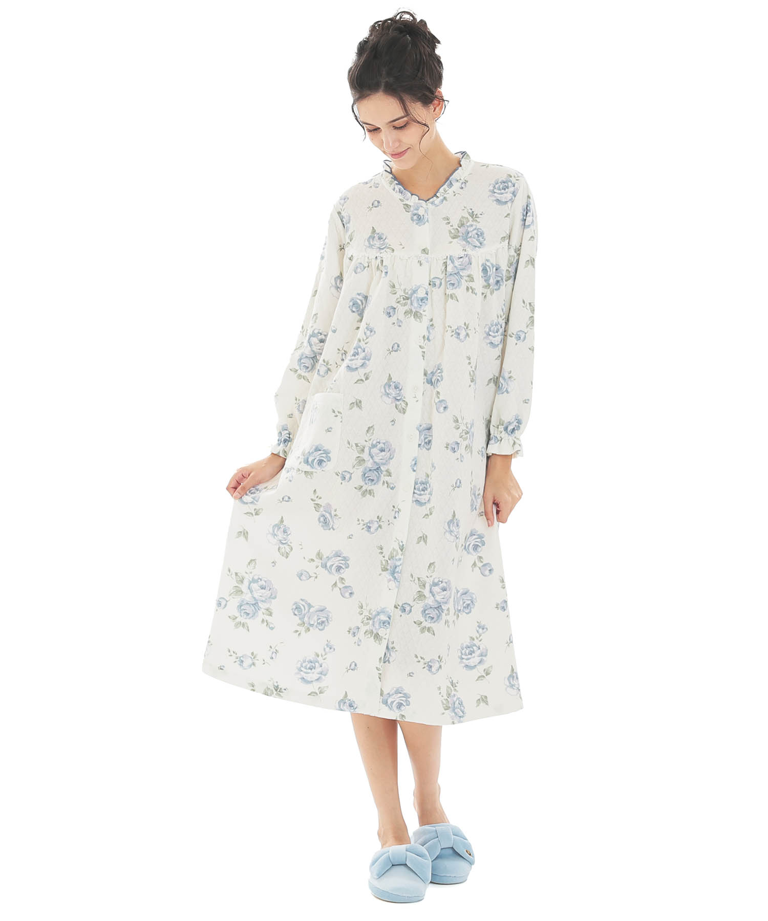 接結（綿入り）ローズワンピース_パジャマ&ルームウェア-ワンピース・ネグリジェ_ブルー_2