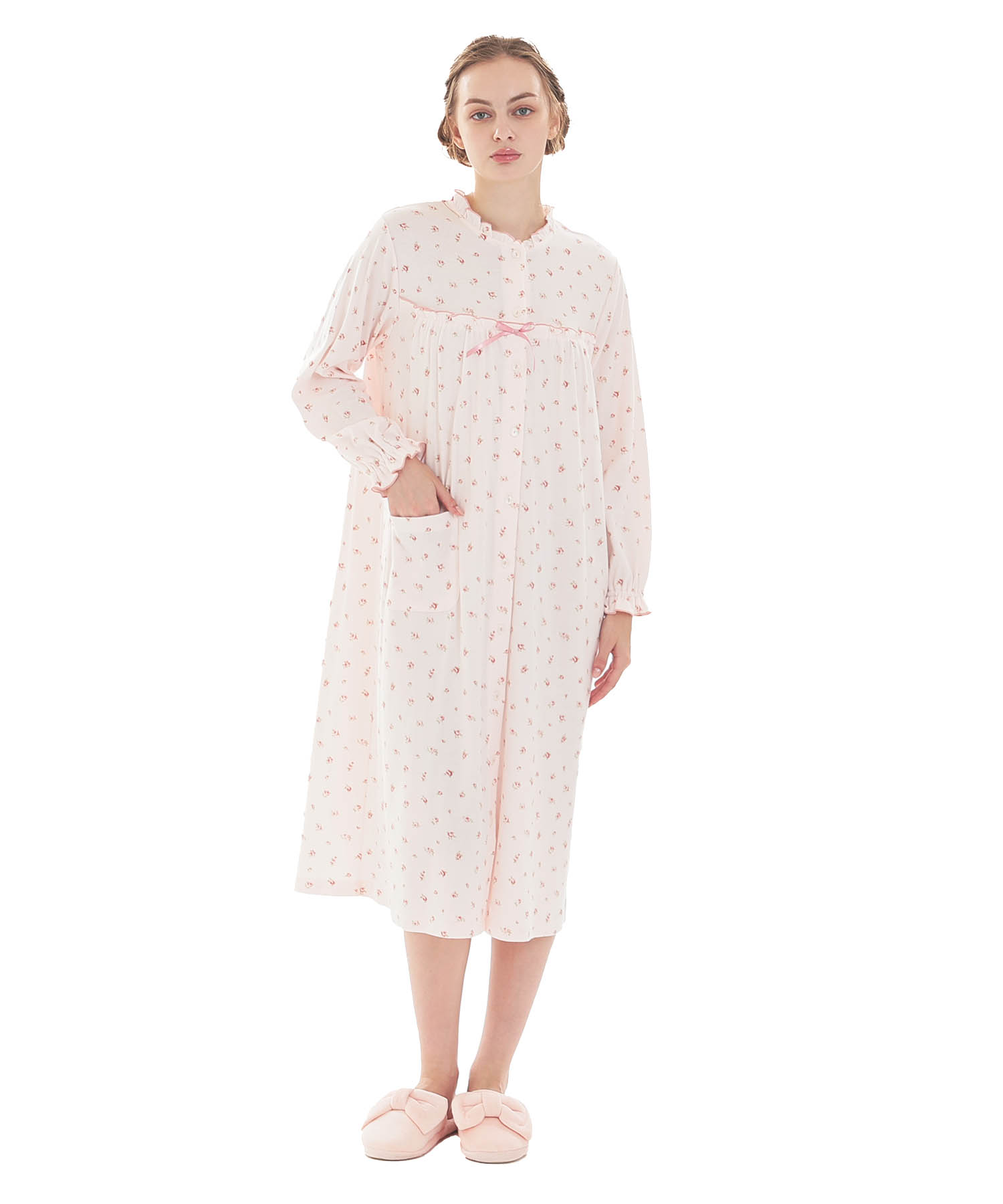 スムース小花ワンピース_パジャマ&ルームウェア-ワンピース・ネグリジェ_ピンク_2