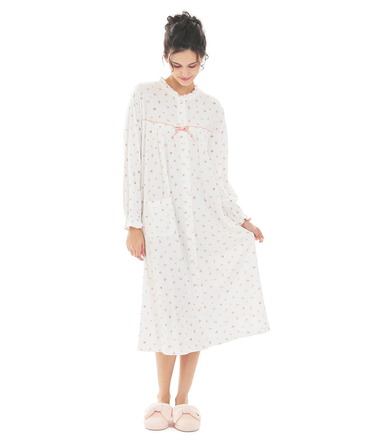 スムース小花ワンピース_パジャマ&ルームウェア-ワンピース・ネグリジェ_ホワイト_1