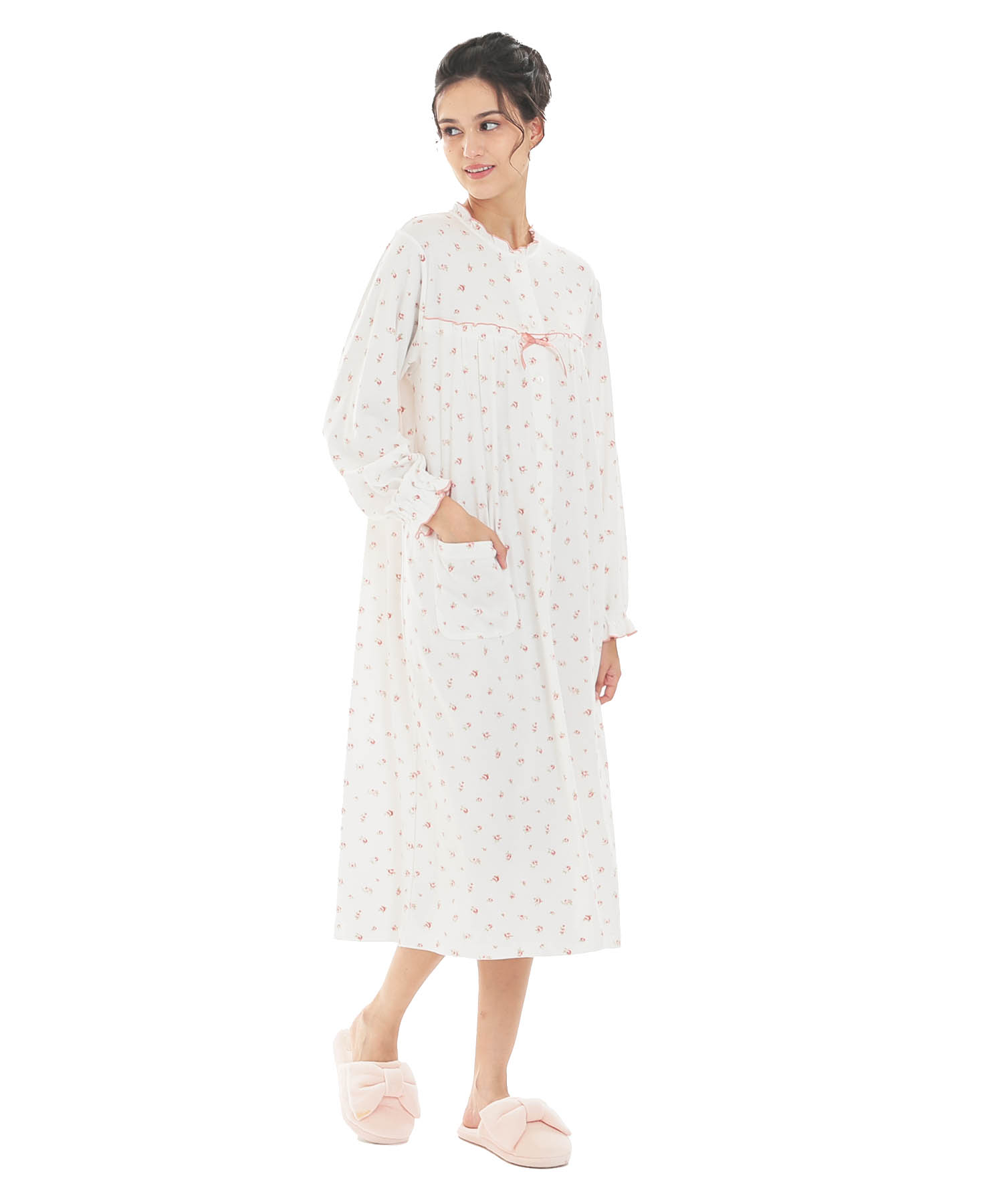 スムース小花ワンピース_パジャマ&ルームウェア-ワンピース・ネグリジェ_ホワイト_2