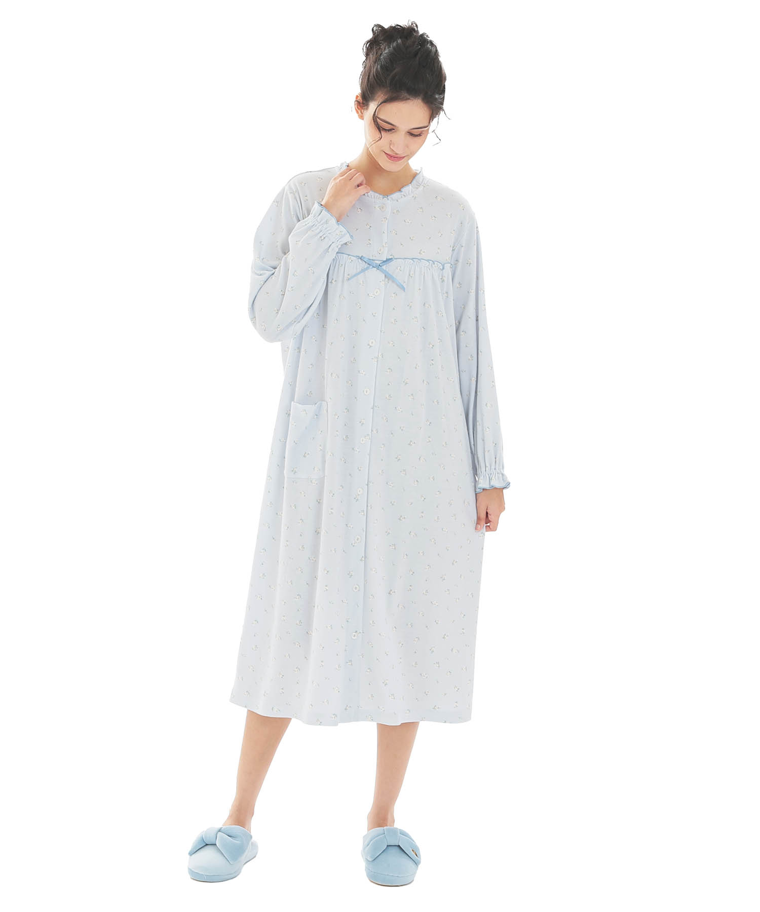 スムース小花ワンピース_パジャマ&ルームウェア-ワンピース・ネグリジェ_ブルー_2