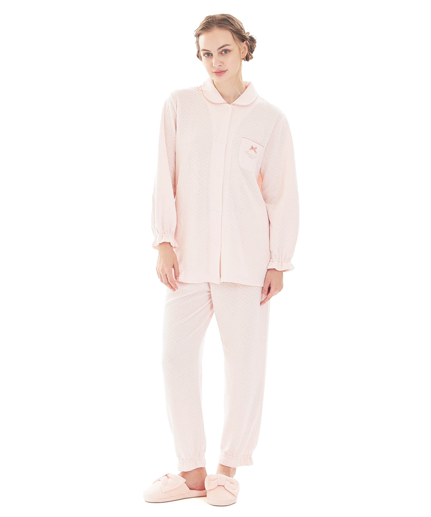 接結（綿入り）ムジシャツパジャマ_パジャマ&ルームウェア-セットアップ_ピンク_1