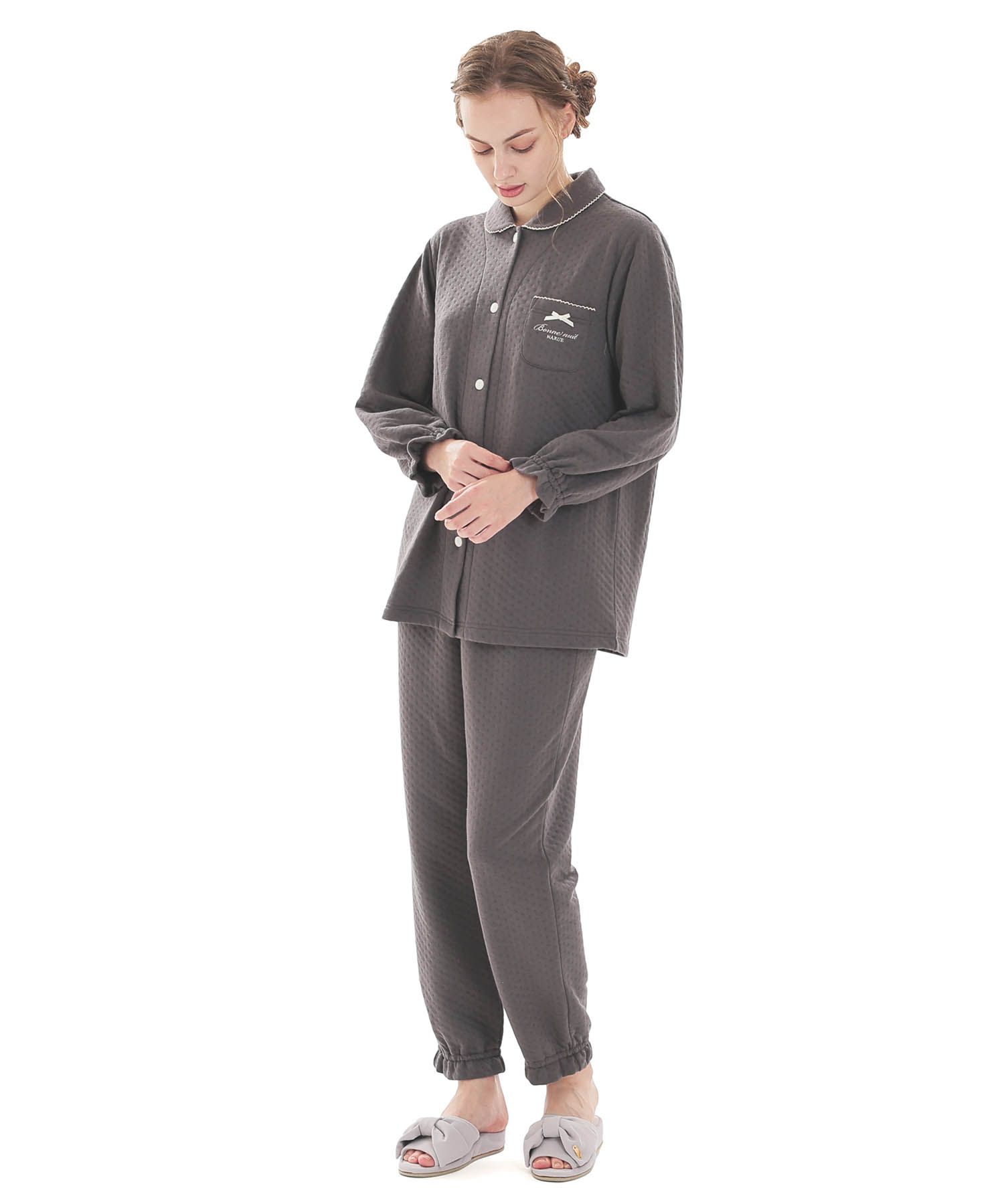 接結（綿入り）ムジシャツパジャマ_パジャマ&ルームウェア-セットアップ_チャコールグレー_2