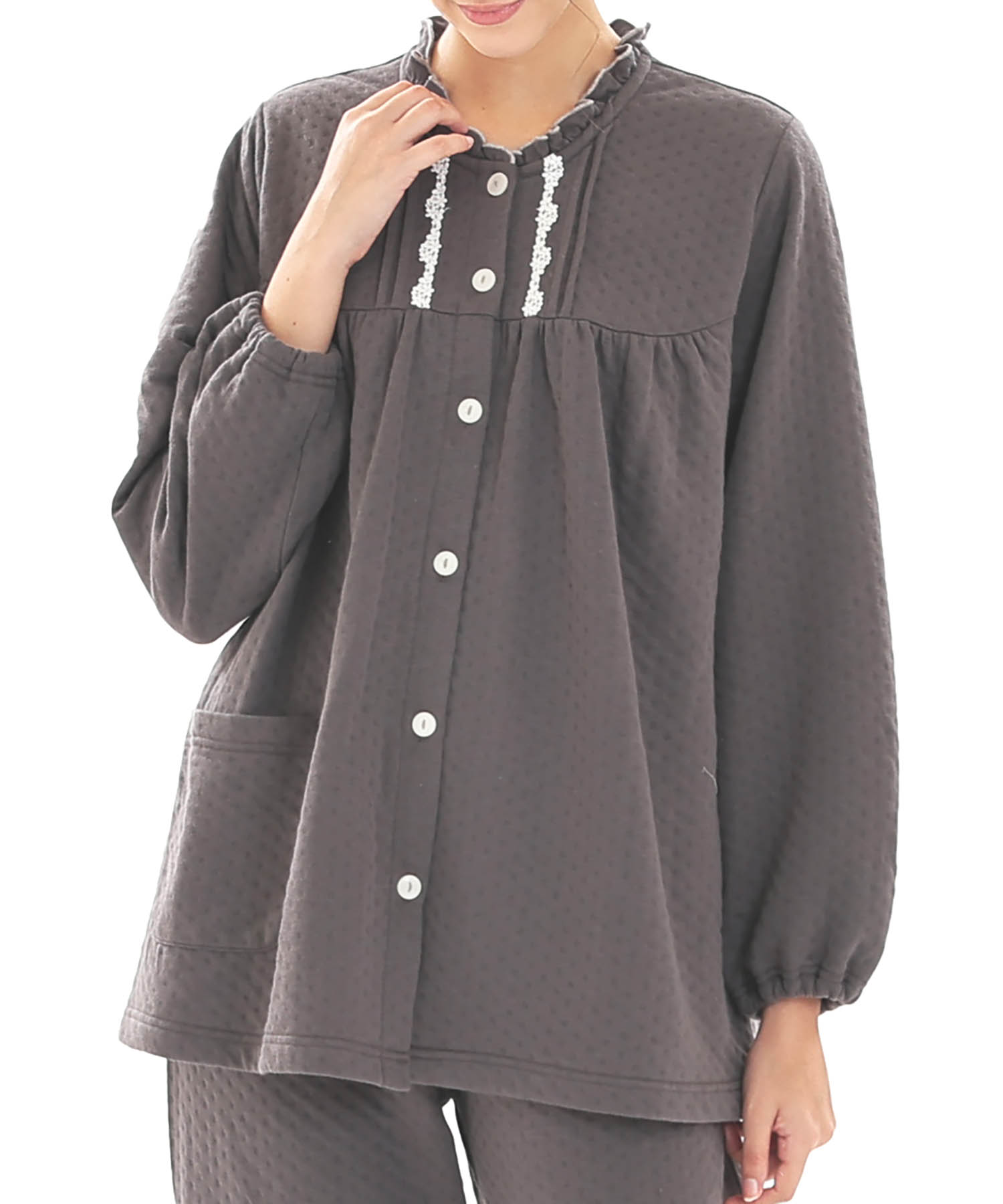 接結（綿入り）ムジフリルパジャマ_パジャマ&ルームウェア-セットアップ_チャコールグレー_0