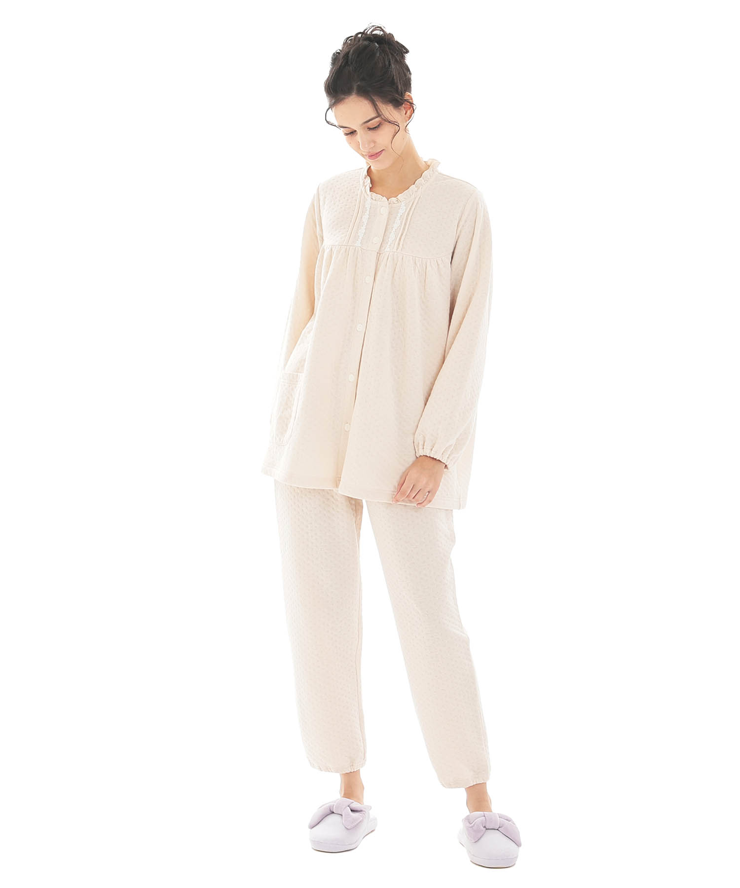 接結（綿入り）ムジフリルパジャマ_パジャマ&ルームウェア-セットアップ_アイボリー_1