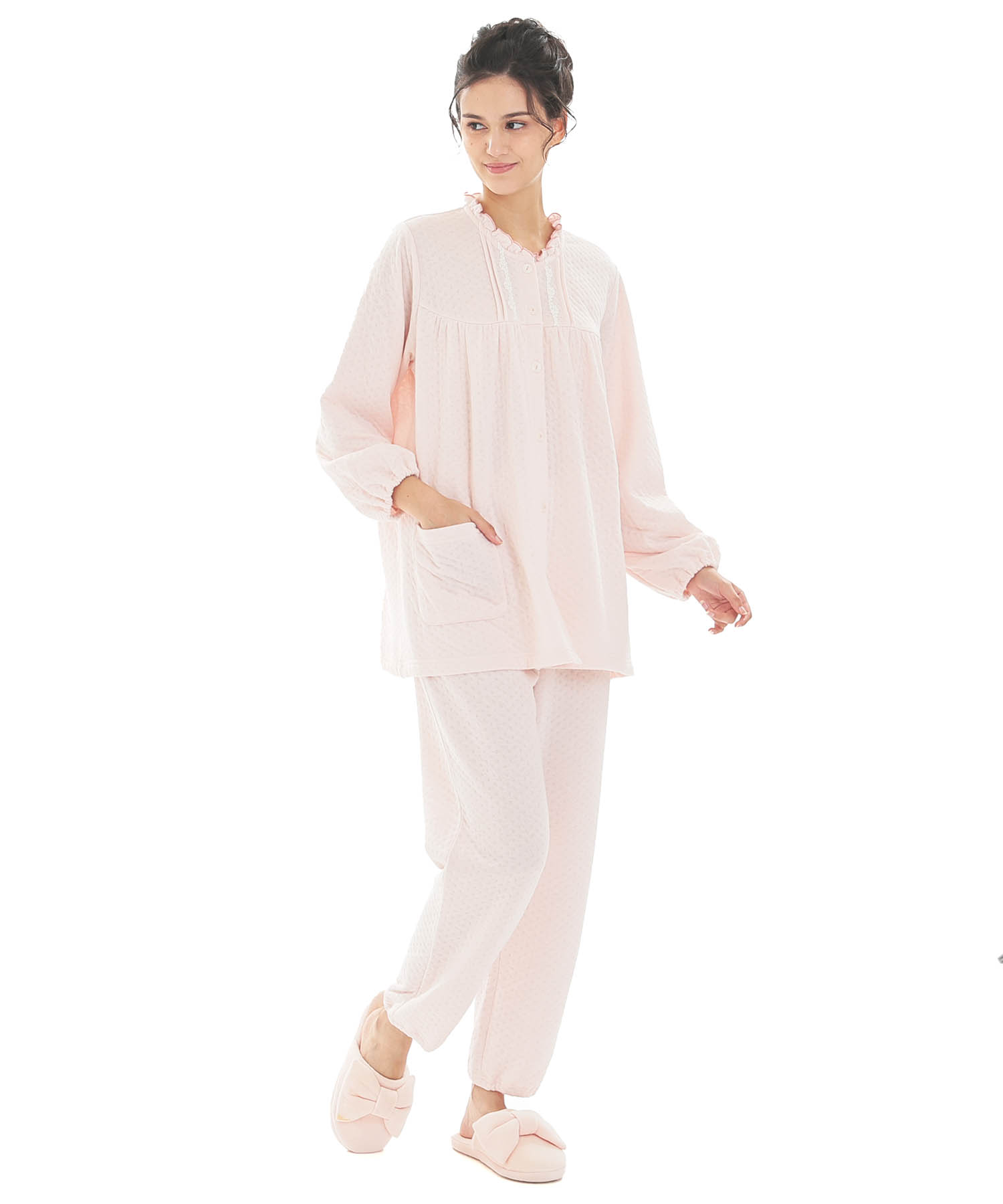 接結（綿入り）ムジフリルパジャマ_パジャマ&ルームウェア-セットアップ_ピンク_1