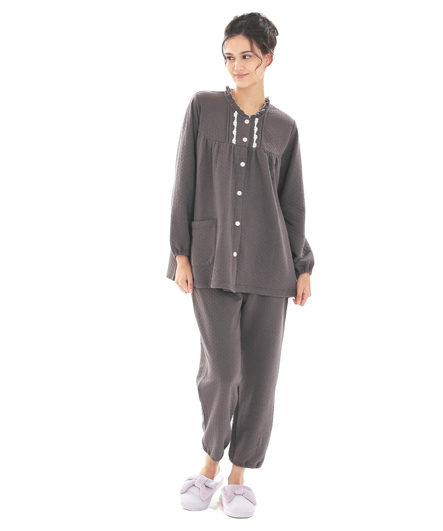 接結（綿入り）ムジフリルパジャマ_パジャマ&ルームウェア-セットアップ_チャコールグレー_2