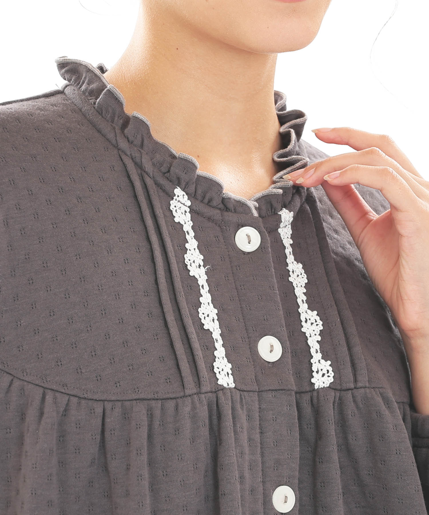 接結（綿入り）ムジフリルパジャマ_パジャマ&ルームウェア-セットアップ_チャコールグレー_3