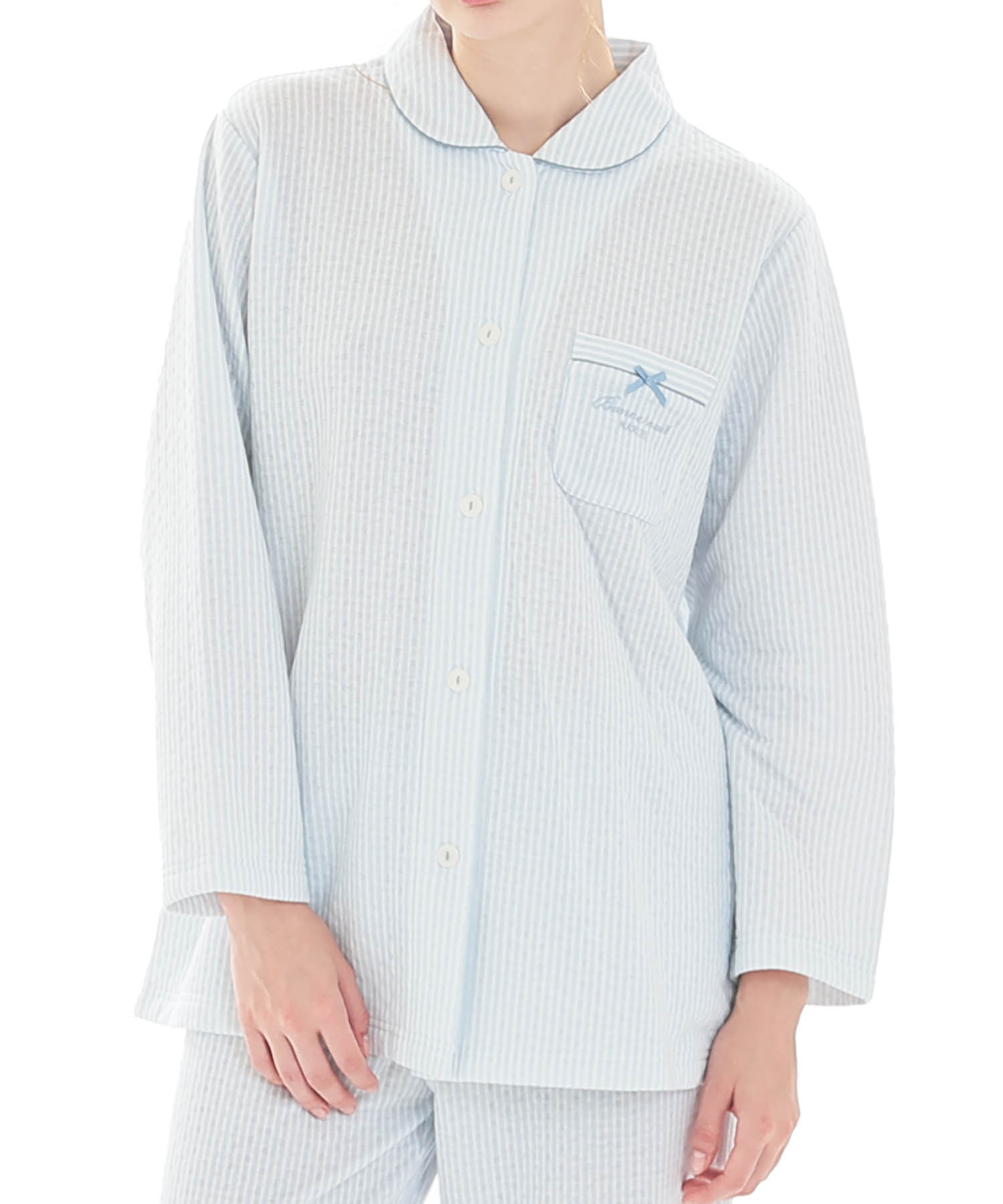 接結（綿入り）ストライプシャツパジャマ_パジャマ&ルームウェア-セットアップ_ブルー_0