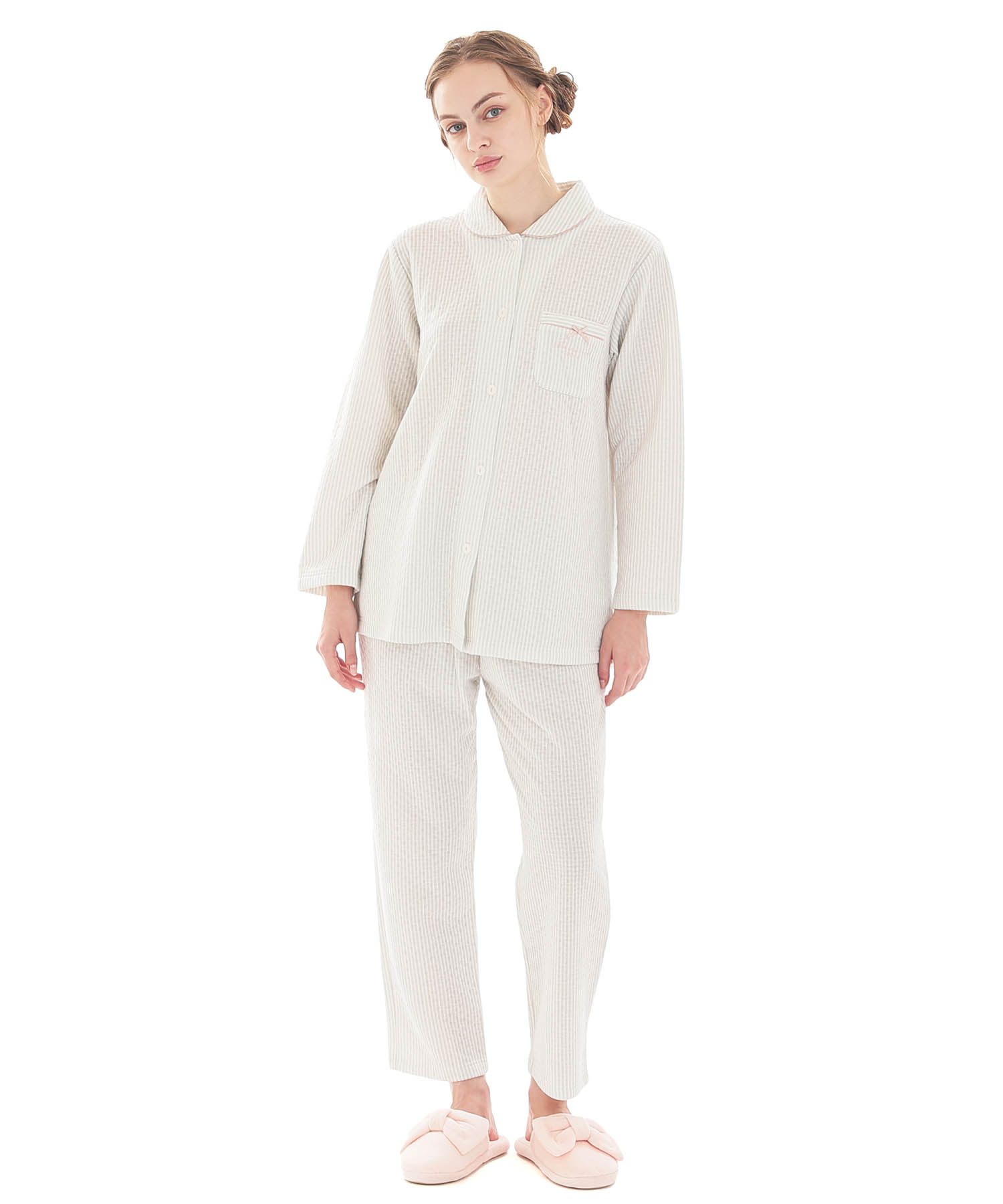 接結（綿入り）ストライプシャツパジャマ_パジャマ&ルームウェア-セットアップ_グレー_1