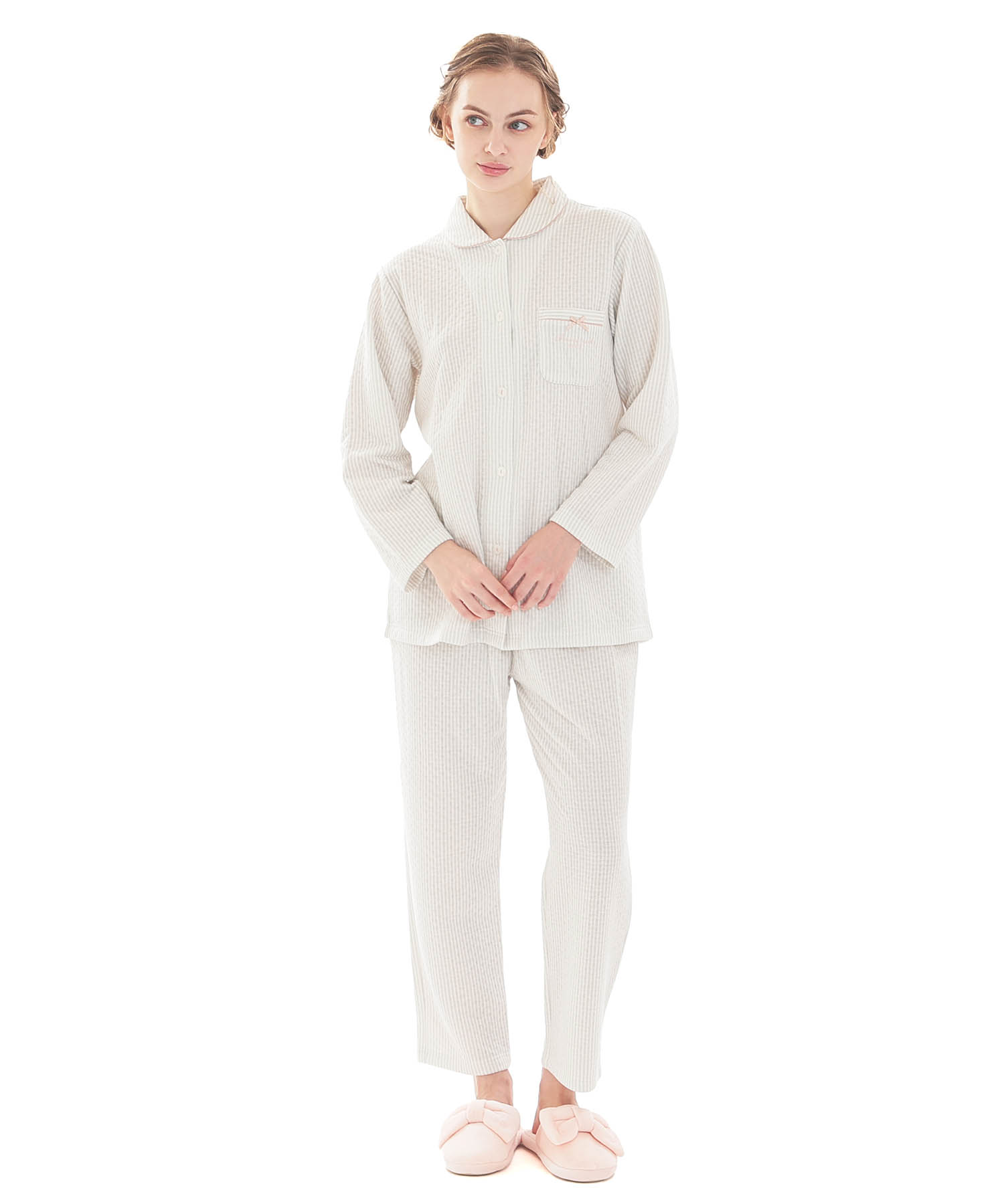 接結（綿入り）ストライプシャツパジャマ_パジャマ&ルームウェア-セットアップ_グレー_2