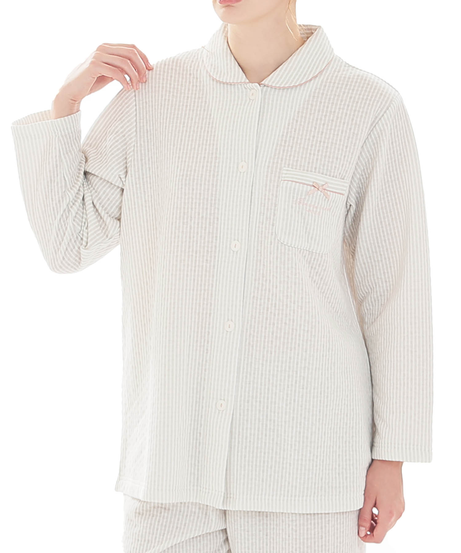 接結（綿入り）ストライプシャツパジャマ_パジャマ&ルームウェア-セットアップ_グレー_0