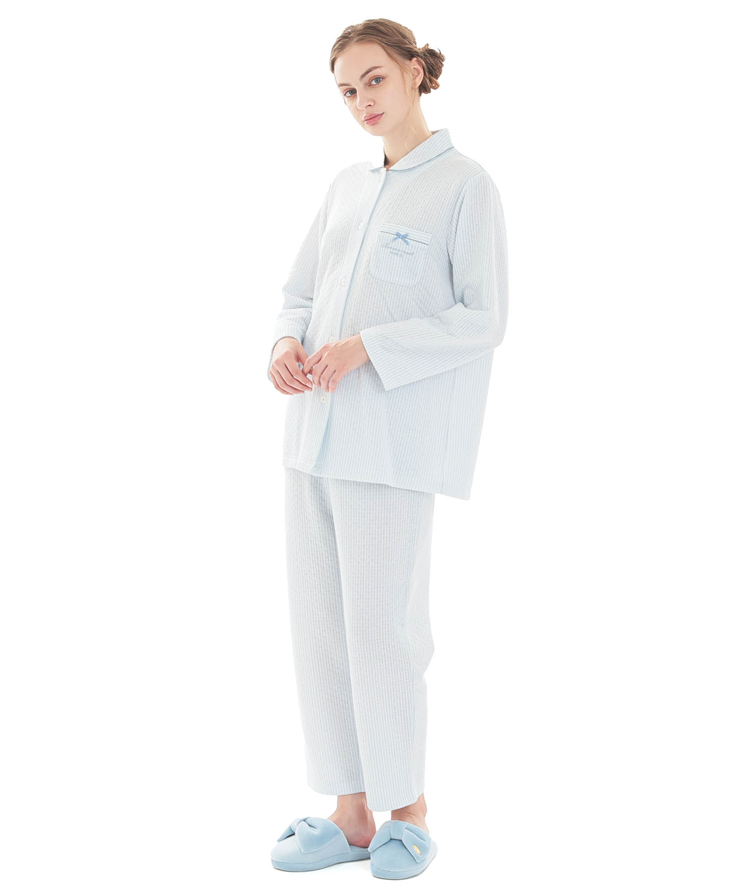 接結（綿入り）ストライプシャツパジャマ_パジャマ&ルームウェア-セットアップ_ブルー_1