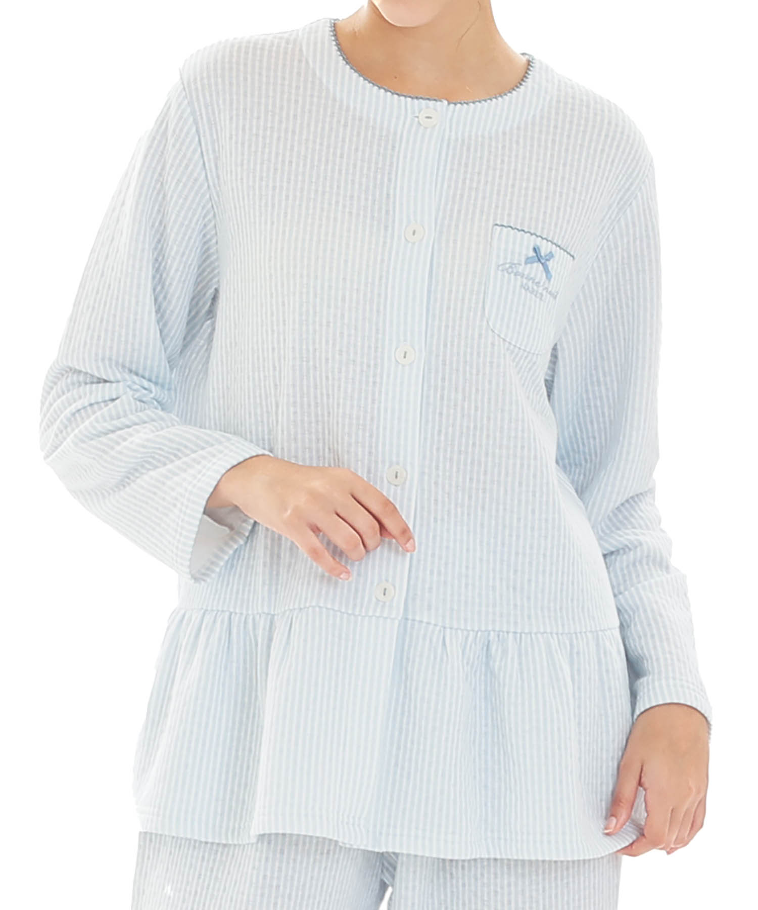 接結（綿入り）ストライプペプラムパジャマ_パジャマ&ルームウェア-セットアップ_ブルー_0