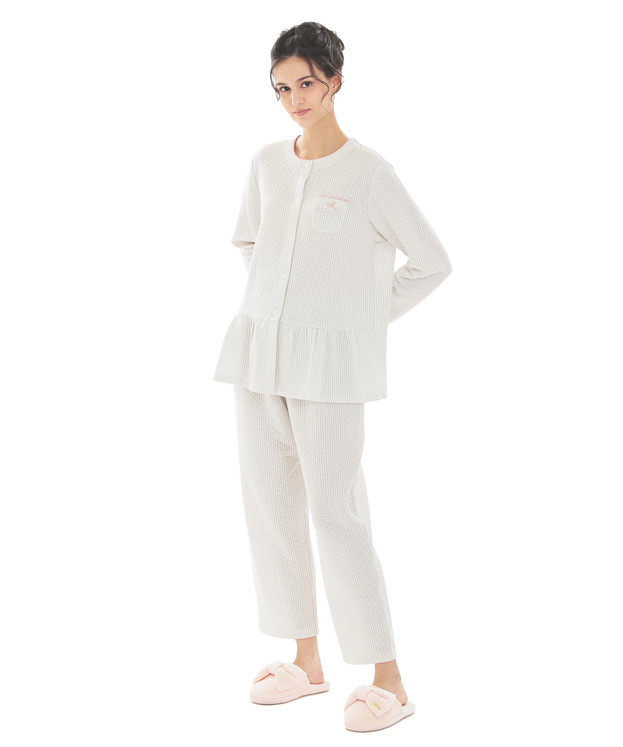 接結（綿入り）ストライプペプラムパジャマ_パジャマ&ルームウェア-セットアップ_グレー_2