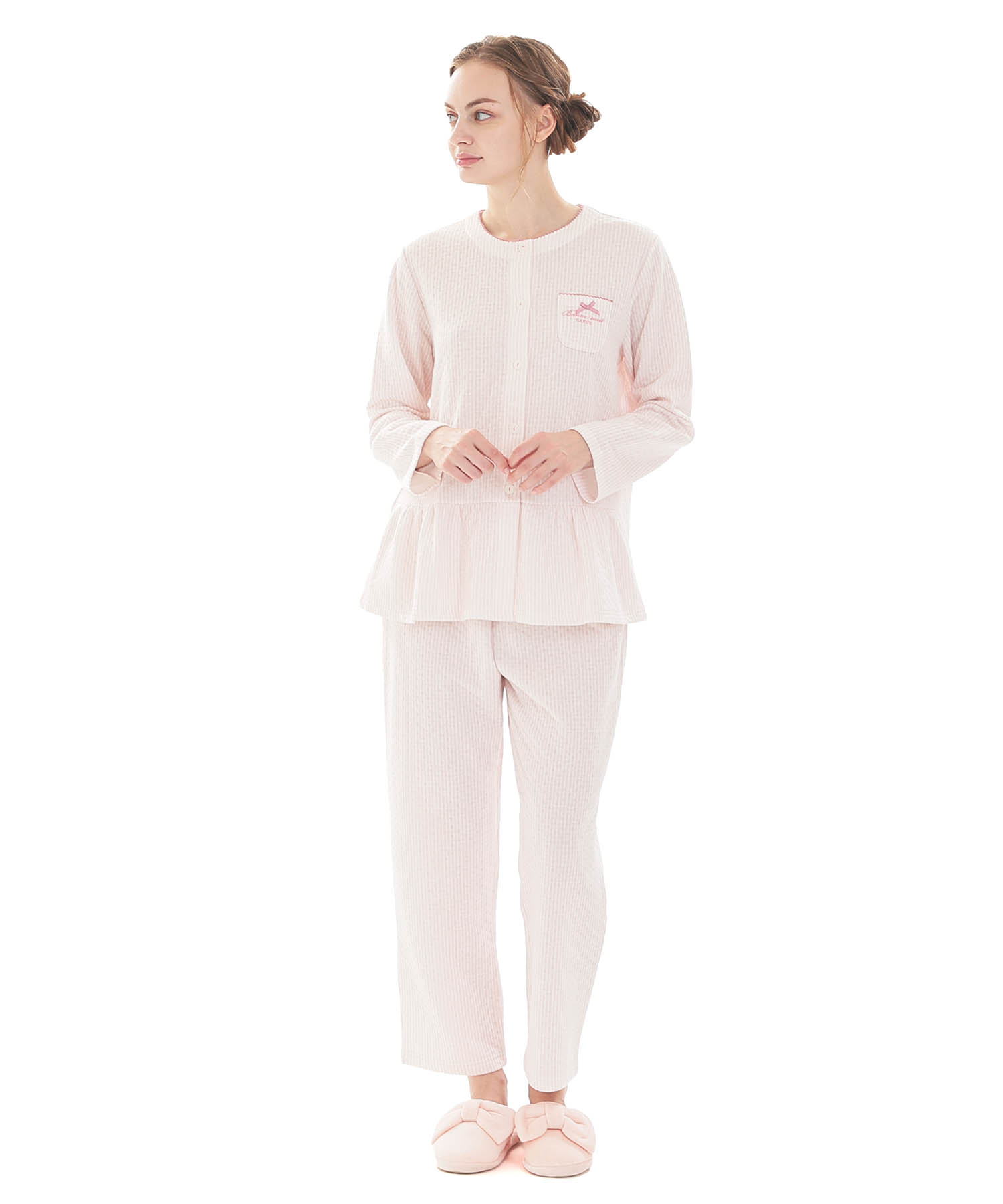 接結（綿入り）ストライプペプラムパジャマ_パジャマ&ルームウェア-セットアップ_ピンク_1