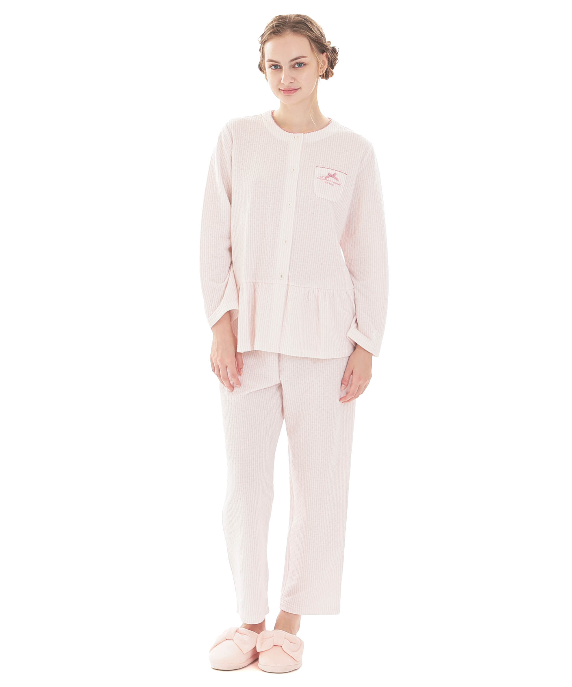 接結（綿入り）ストライプペプラムパジャマ_パジャマ&ルームウェア-セットアップ_ピンク_2