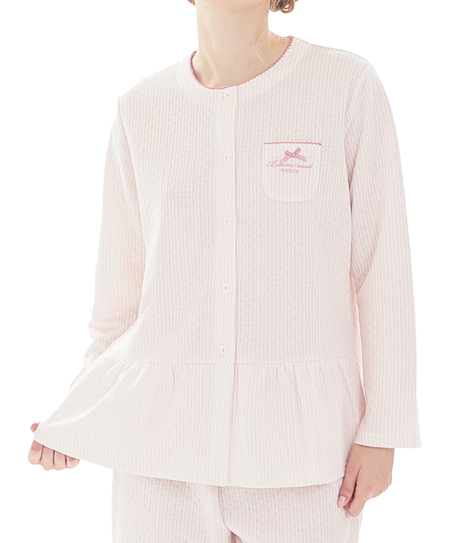 接結（綿入り）ストライプペプラムパジャマ_パジャマ&ルームウェア-セットアップ_ピンク_0