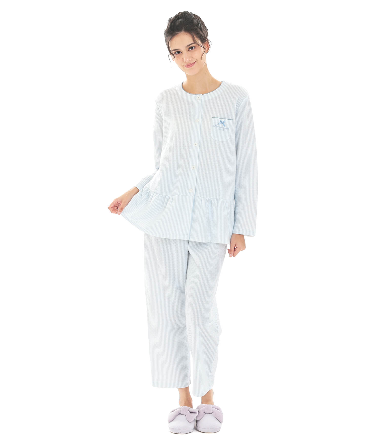 接結（綿入り）ストライプペプラムパジャマ_パジャマ&ルームウェア-セットアップ_ブルー_1