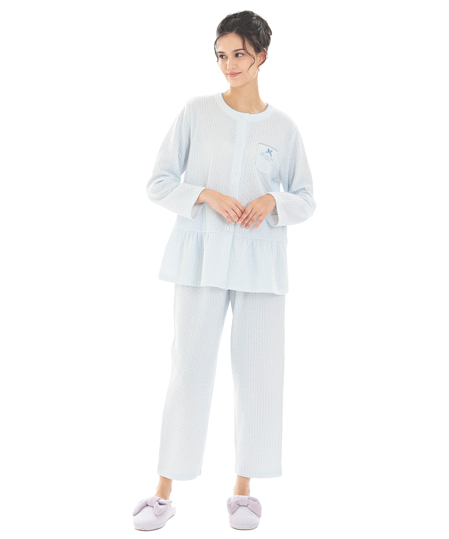 接結（綿入り）ストライプペプラムパジャマ_パジャマ&ルームウェア-セットアップ_ブルー_2