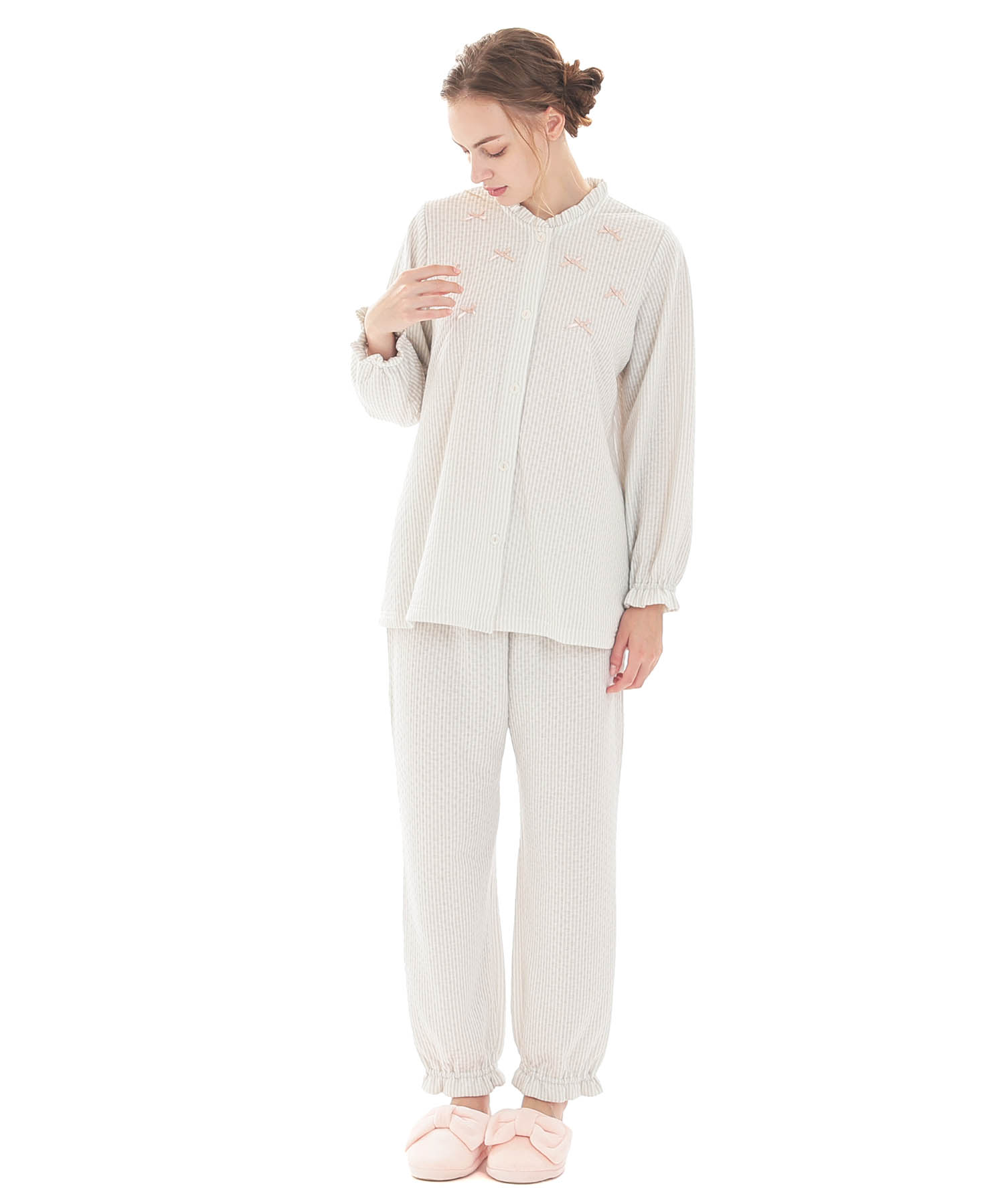 接結（綿入り）ストライプフリルパジャマ_パジャマ&ルームウェア-セットアップ_グレー_1