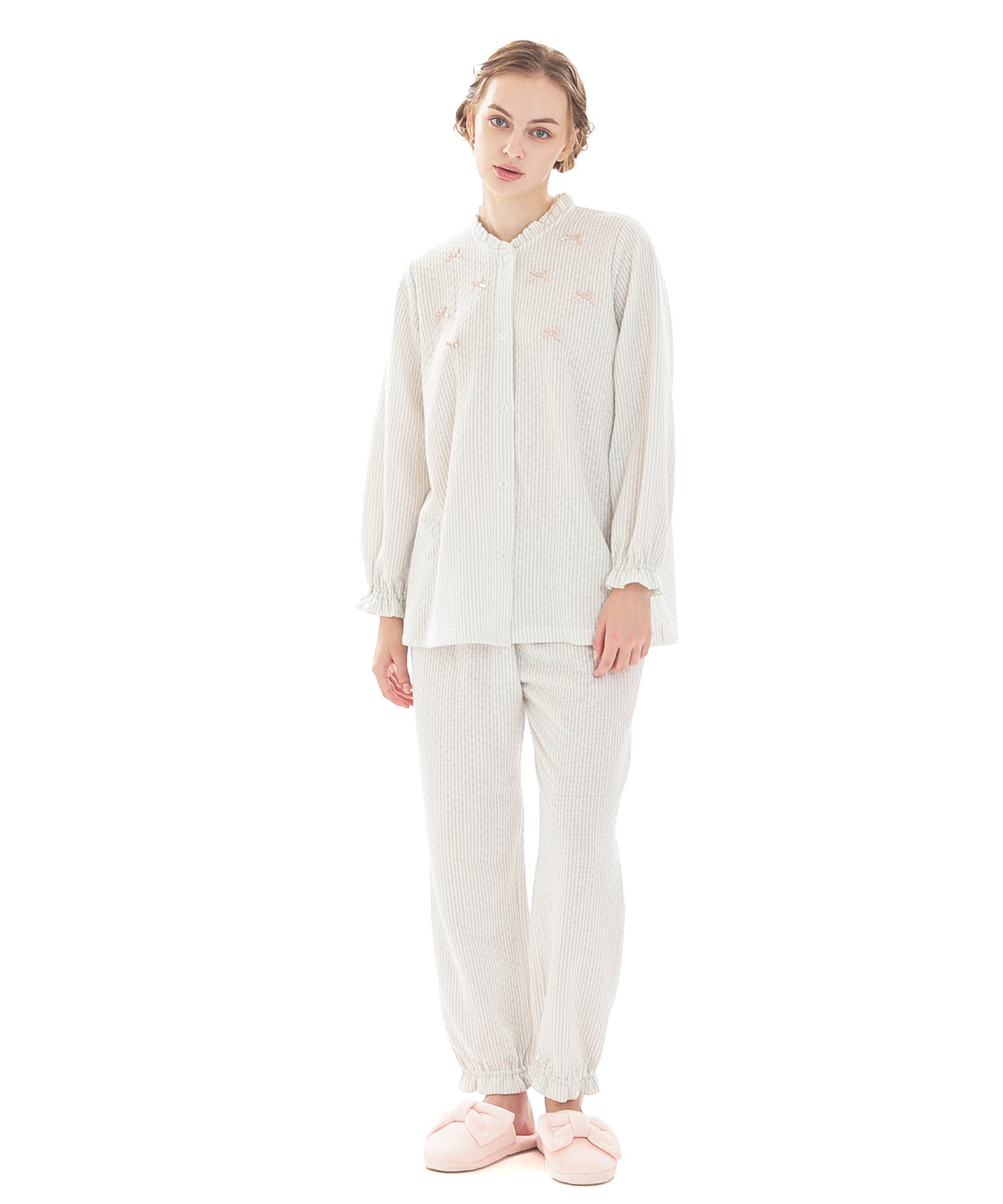 接結（綿入り）ストライプフリルパジャマ_パジャマ&ルームウェア-セットアップ_グレー_2