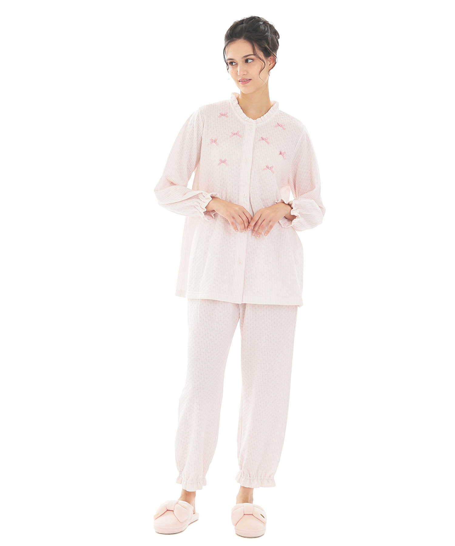 接結（綿入り）ストライプフリルパジャマ_パジャマ&ルームウェア-セットアップ_ピンク_1