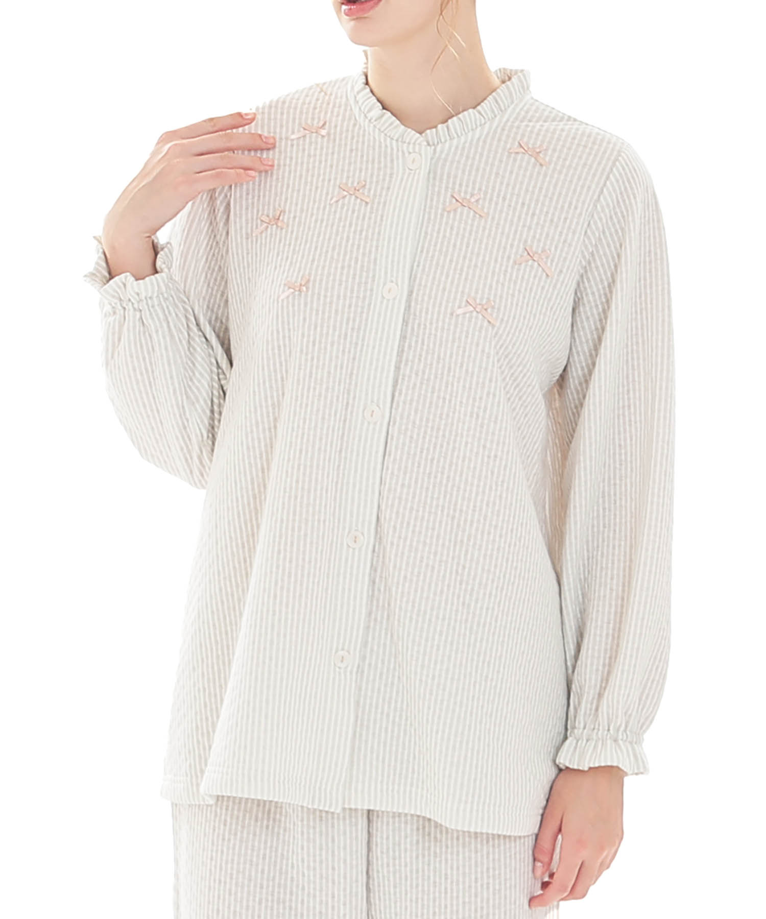 接結（綿入り）ストライプフリルパジャマ_パジャマ&ルームウェア-セットアップ_グレー_0