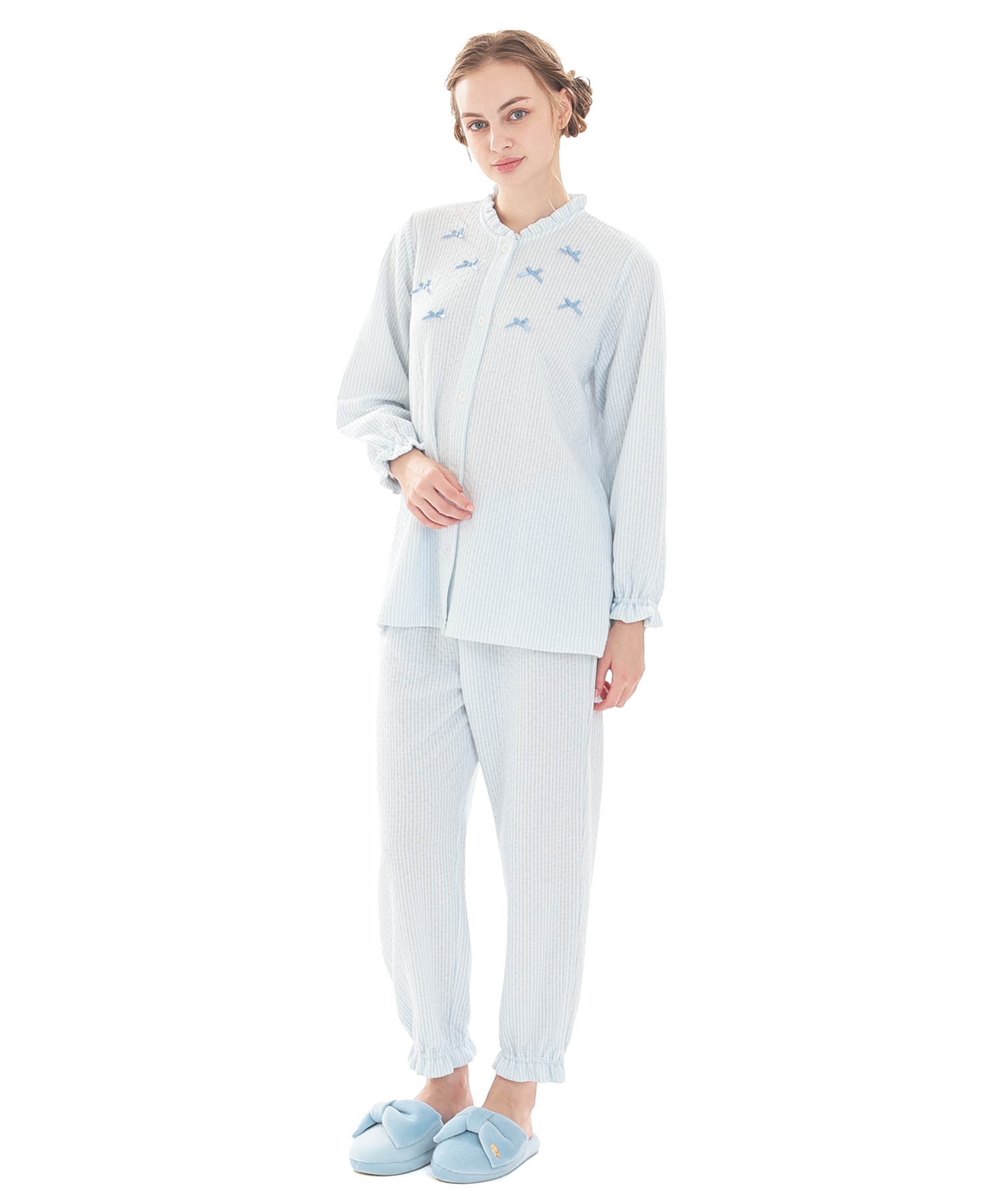 接結（綿入り）ストライプフリルパジャマ_パジャマ&ルームウェア-セットアップ_ブルー_7