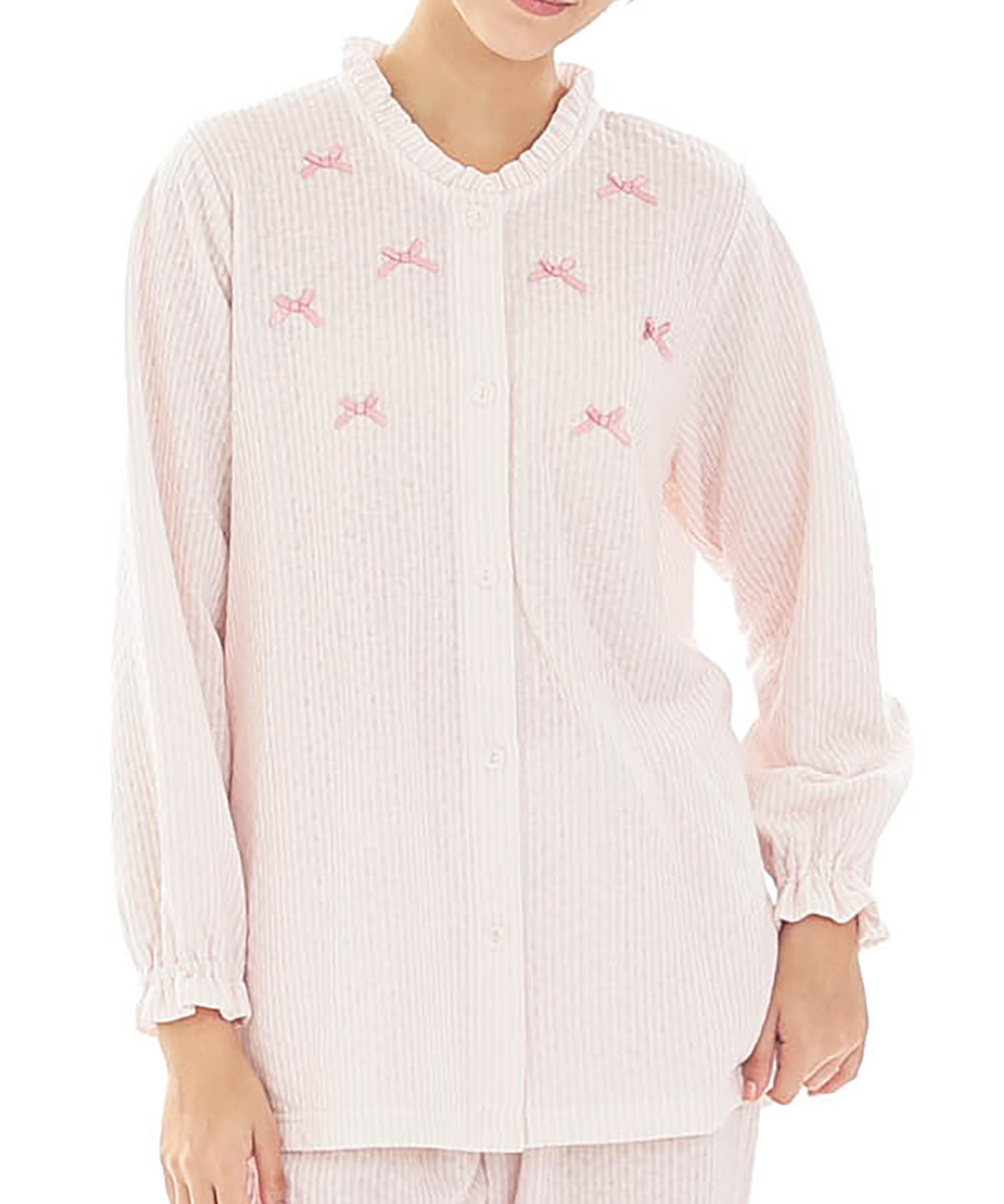 接結（綿入り）ストライプフリルパジャマ_パジャマ&ルームウェア-セットアップ_ピンク_0