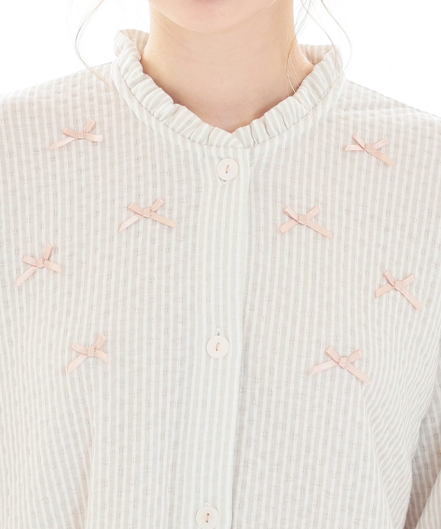 接結（綿入り）ストライプフリルパジャマ_パジャマ&ルームウェア-セットアップ_グレー_9