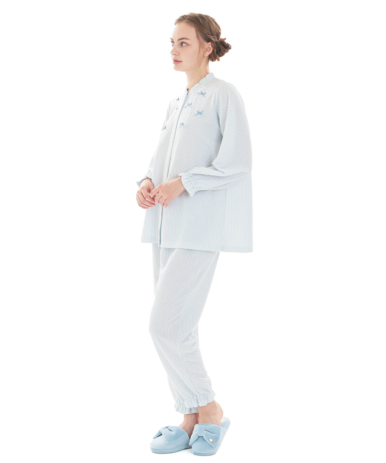 接結（綿入り）ストライプフリルパジャマ_パジャマ&ルームウェア-セットアップ_ブルー_2
