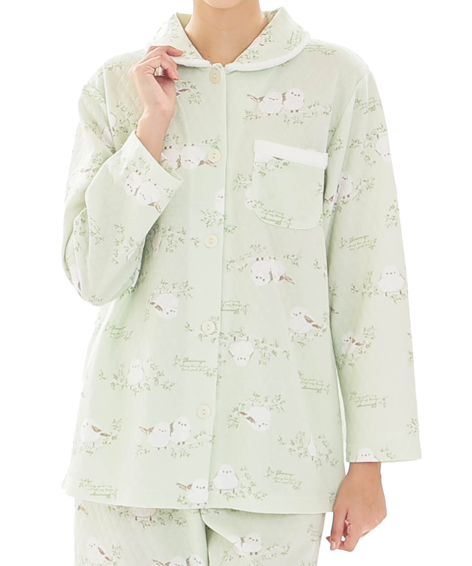  接結（綿入り）シマエナガシャツパジャマ_パジャマ&ルームウェア-セットアップ_グリーン_0