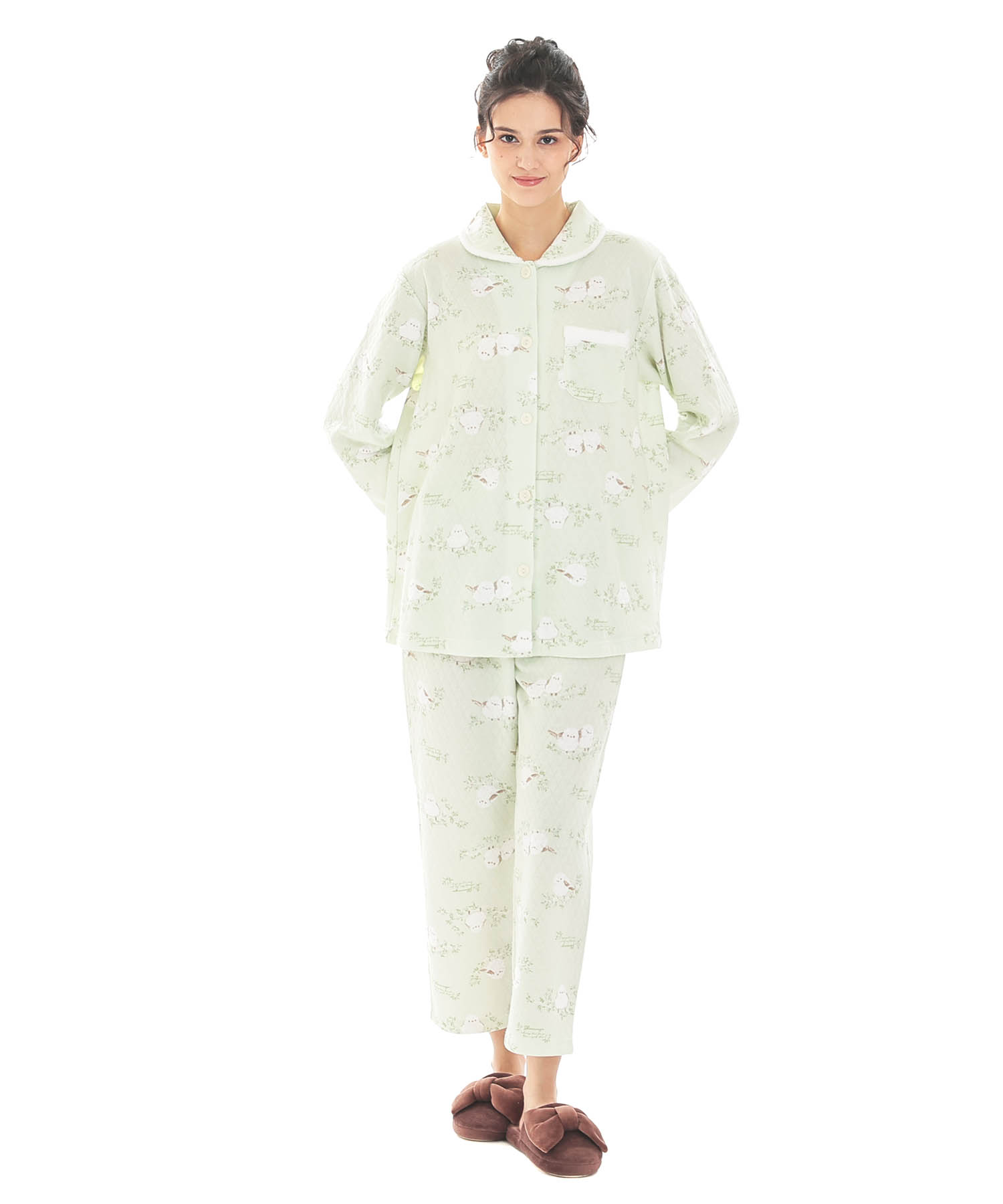  接結（綿入り）シマエナガシャツパジャマ_パジャマ&ルームウェア-セットアップ_グリーン_1