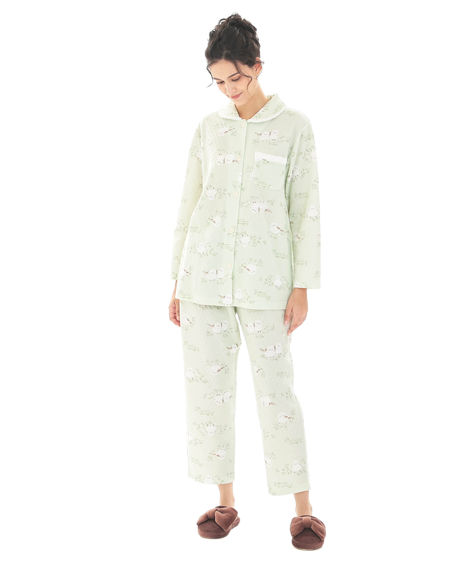  接結（綿入り）シマエナガシャツパジャマ_パジャマ&ルームウェア-セットアップ_グリーン_2