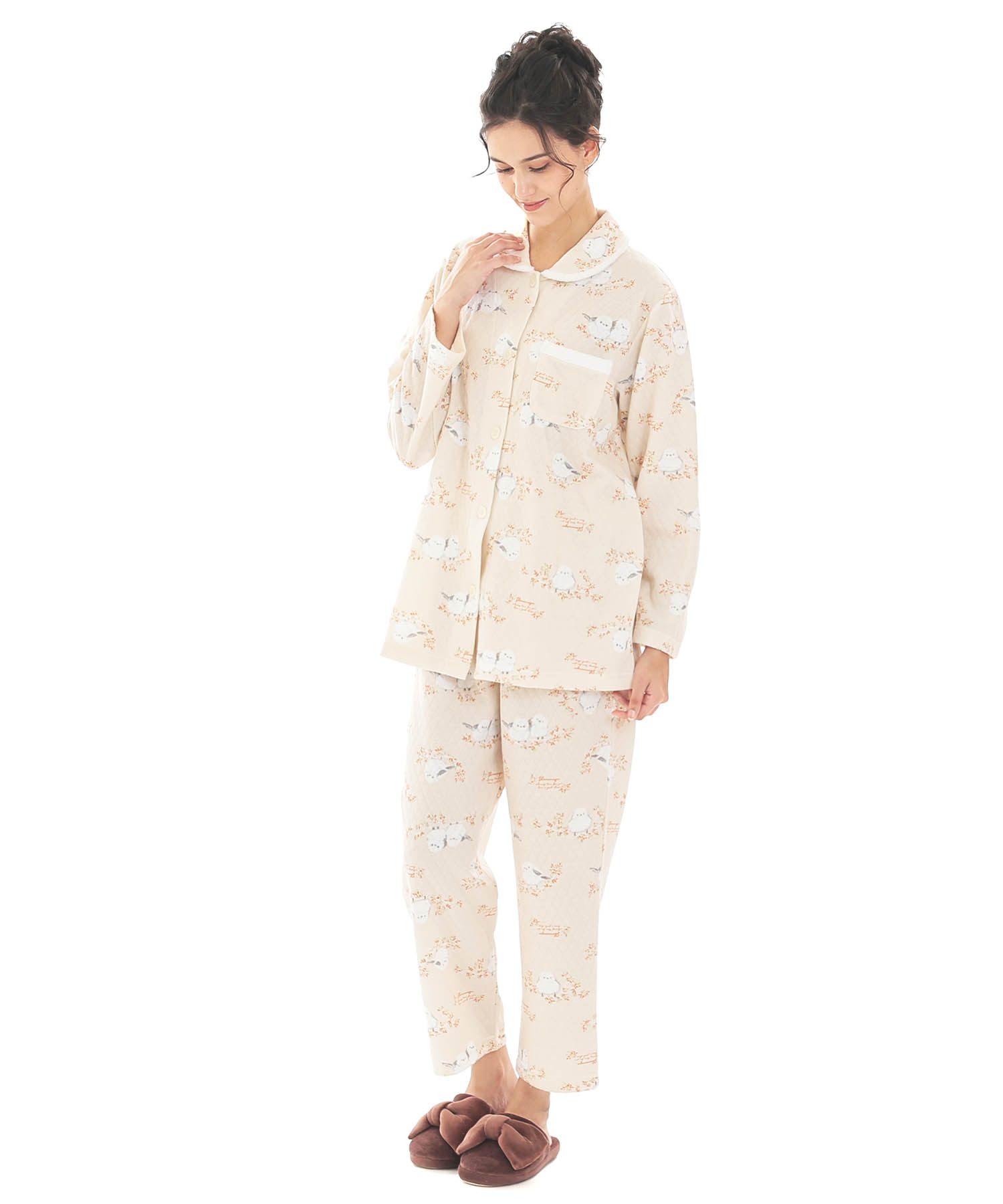  接結（綿入り）シマエナガシャツパジャマ_パジャマ&ルームウェア-セットアップ_オレンジ_1