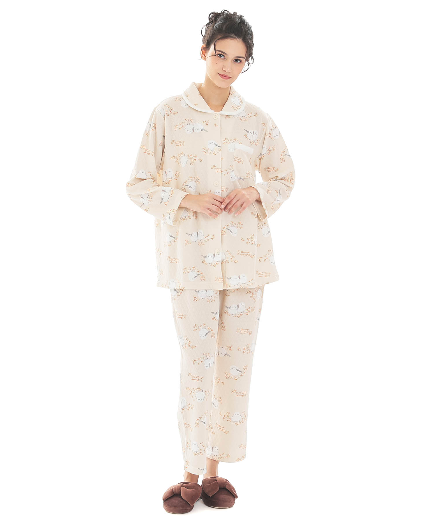  接結（綿入り）シマエナガシャツパジャマ_パジャマ&ルームウェア-セットアップ_オレンジ_2