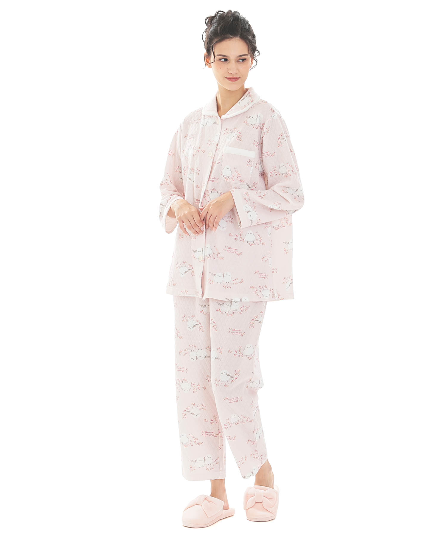  接結（綿入り）シマエナガシャツパジャマ_パジャマ&ルームウェア-セットアップ_ピンク_1