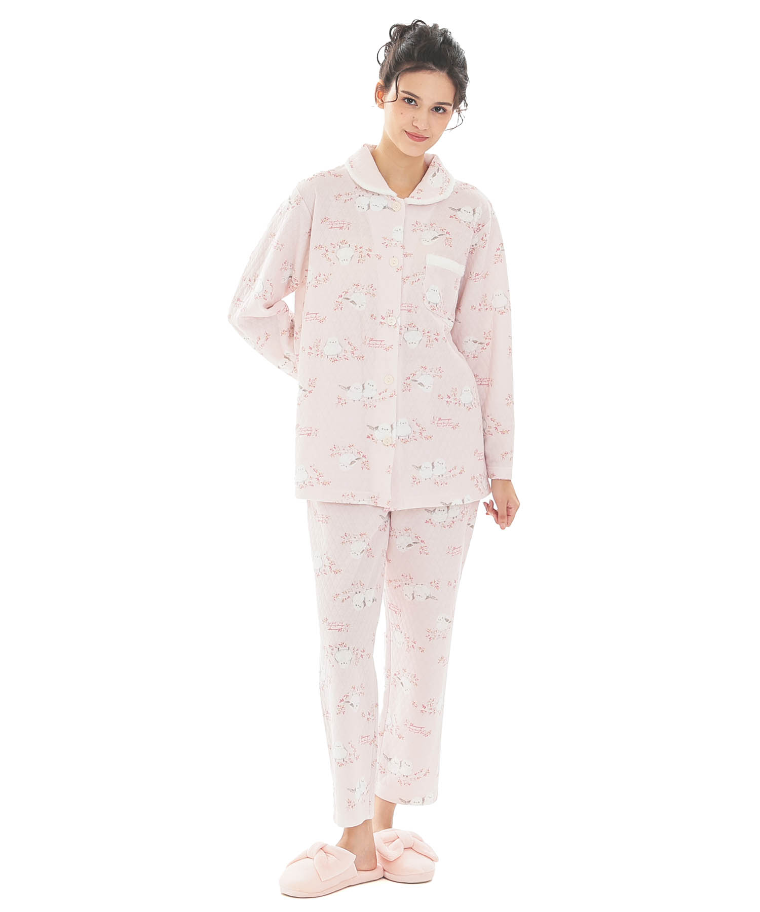  接結（綿入り）シマエナガシャツパジャマ_パジャマ&ルームウェア-セットアップ_ピンク_2