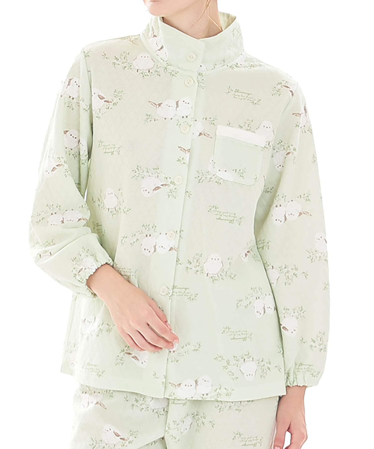 接結（綿入り）シマエナガスタンドカラーパジャマ_パジャマ&ルームウェア-セットアップ_グリーン_0