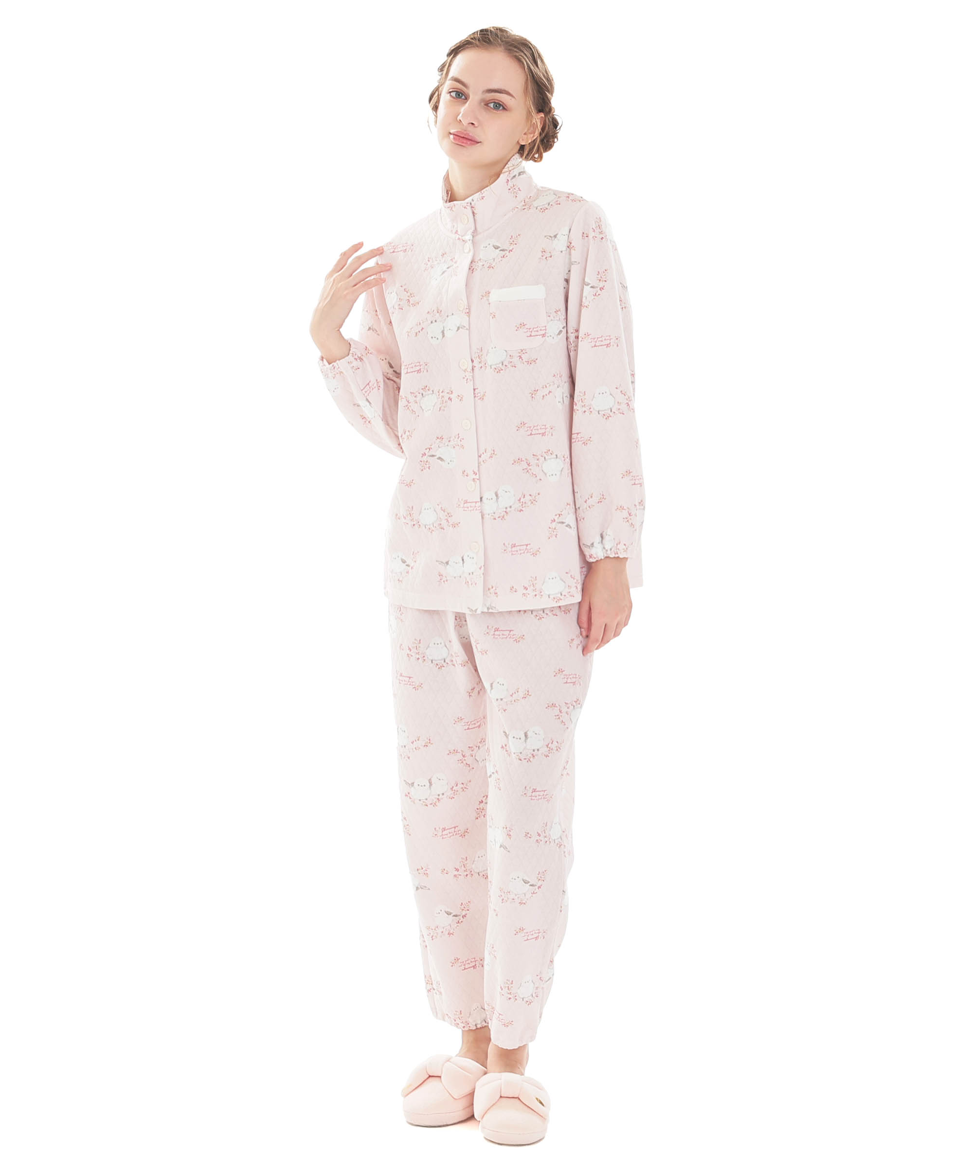 接結（綿入り）シマエナガスタンドカラーパジャマ_パジャマ&ルームウェア-セットアップ_ピンク_1