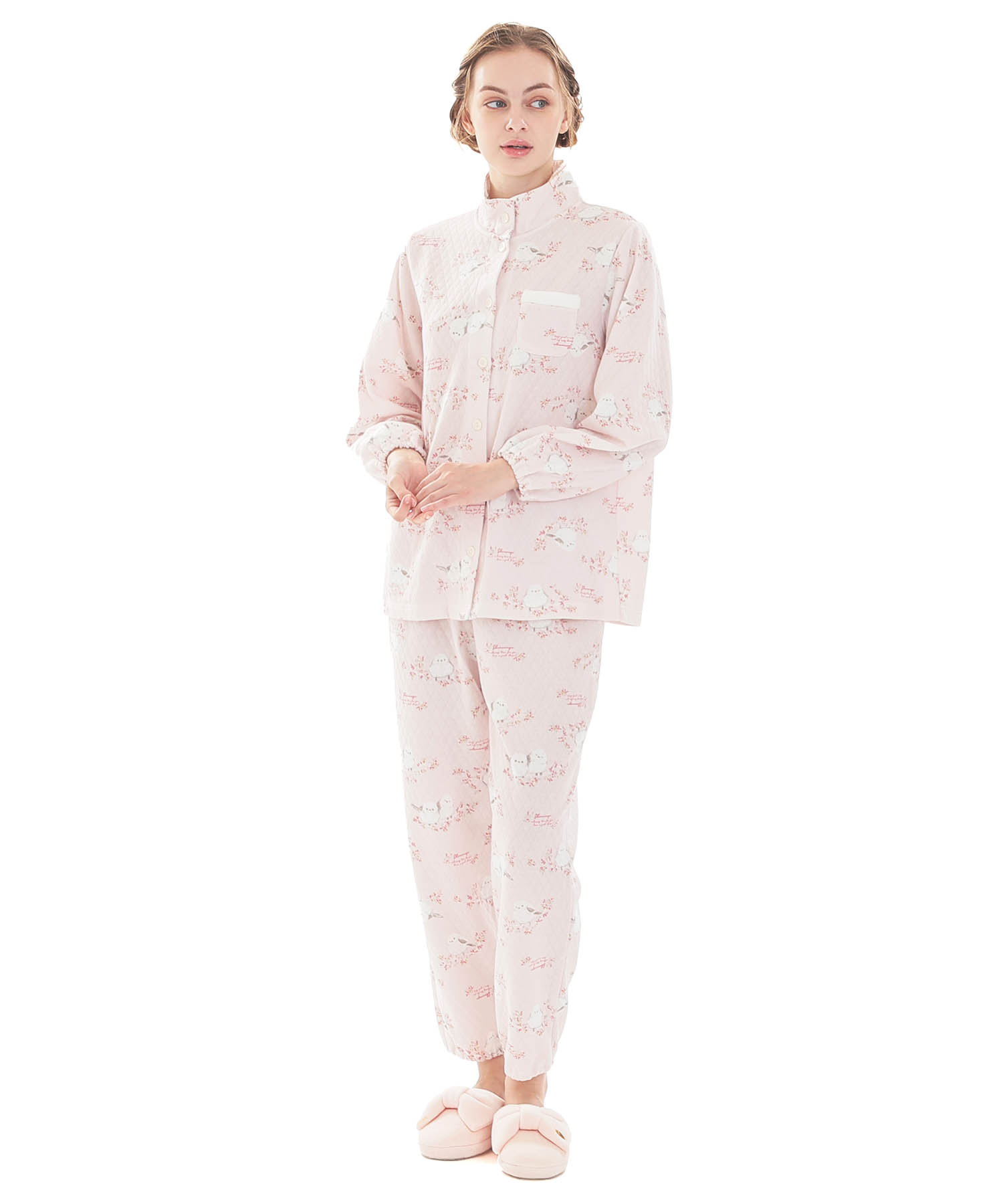 接結（綿入り）シマエナガスタンドカラーパジャマ_パジャマ&ルームウェア-セットアップ_ピンク_2