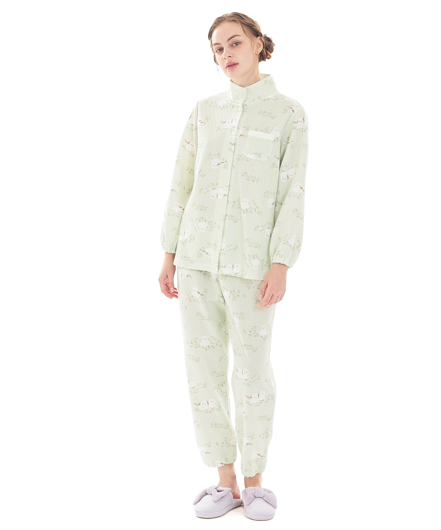 接結（綿入り）シマエナガスタンドカラーパジャマ_パジャマ&ルームウェア-セットアップ_グリーン_1