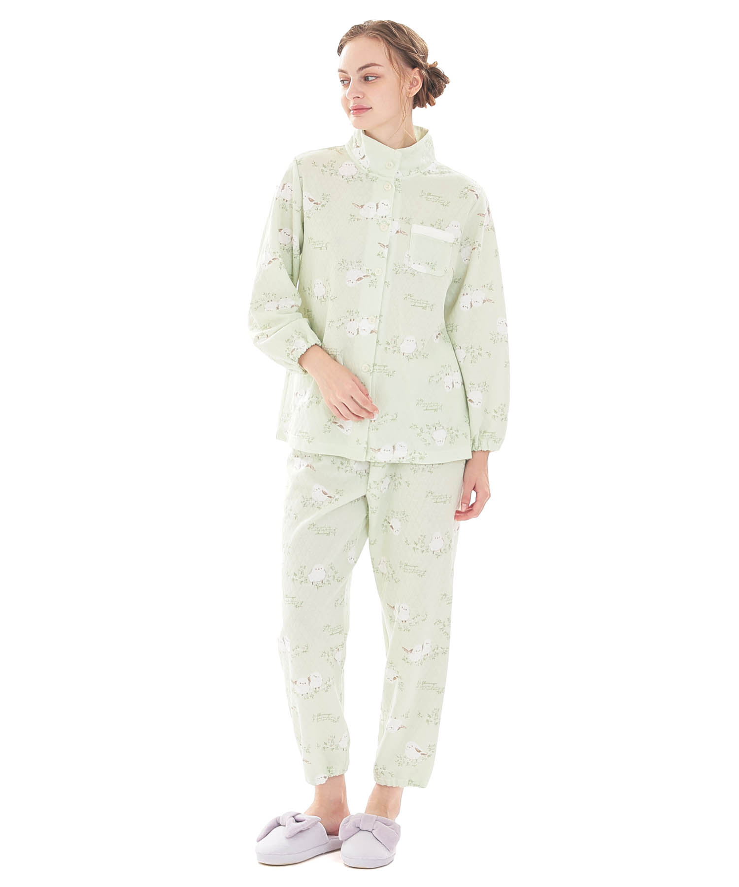 接結（綿入り）シマエナガスタンドカラーパジャマ_パジャマ&ルームウェア-セットアップ_グリーン_2