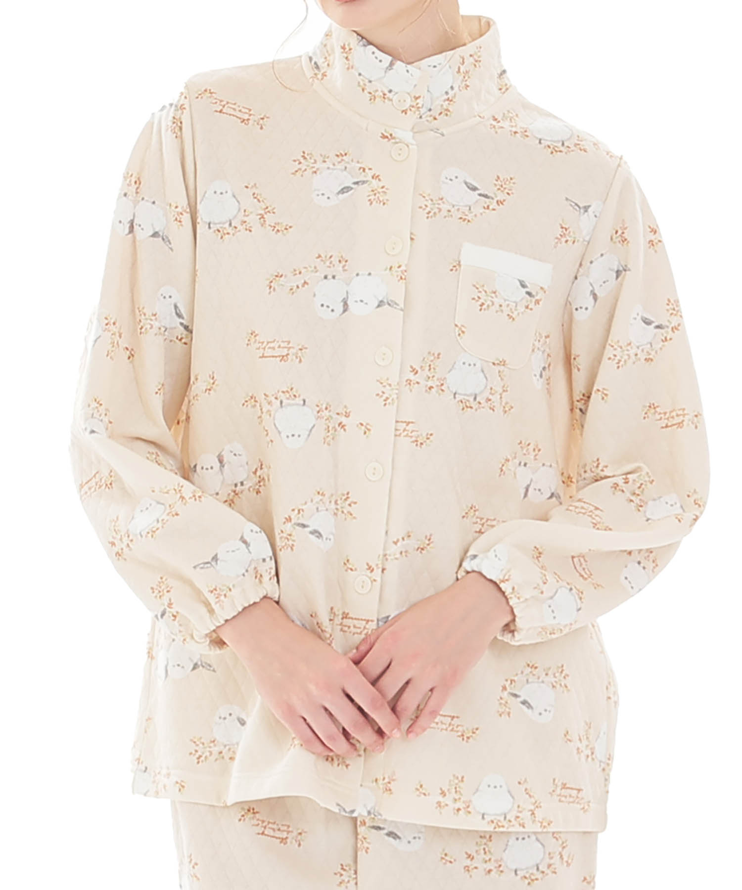 接結（綿入り）シマエナガスタンドカラーパジャマ