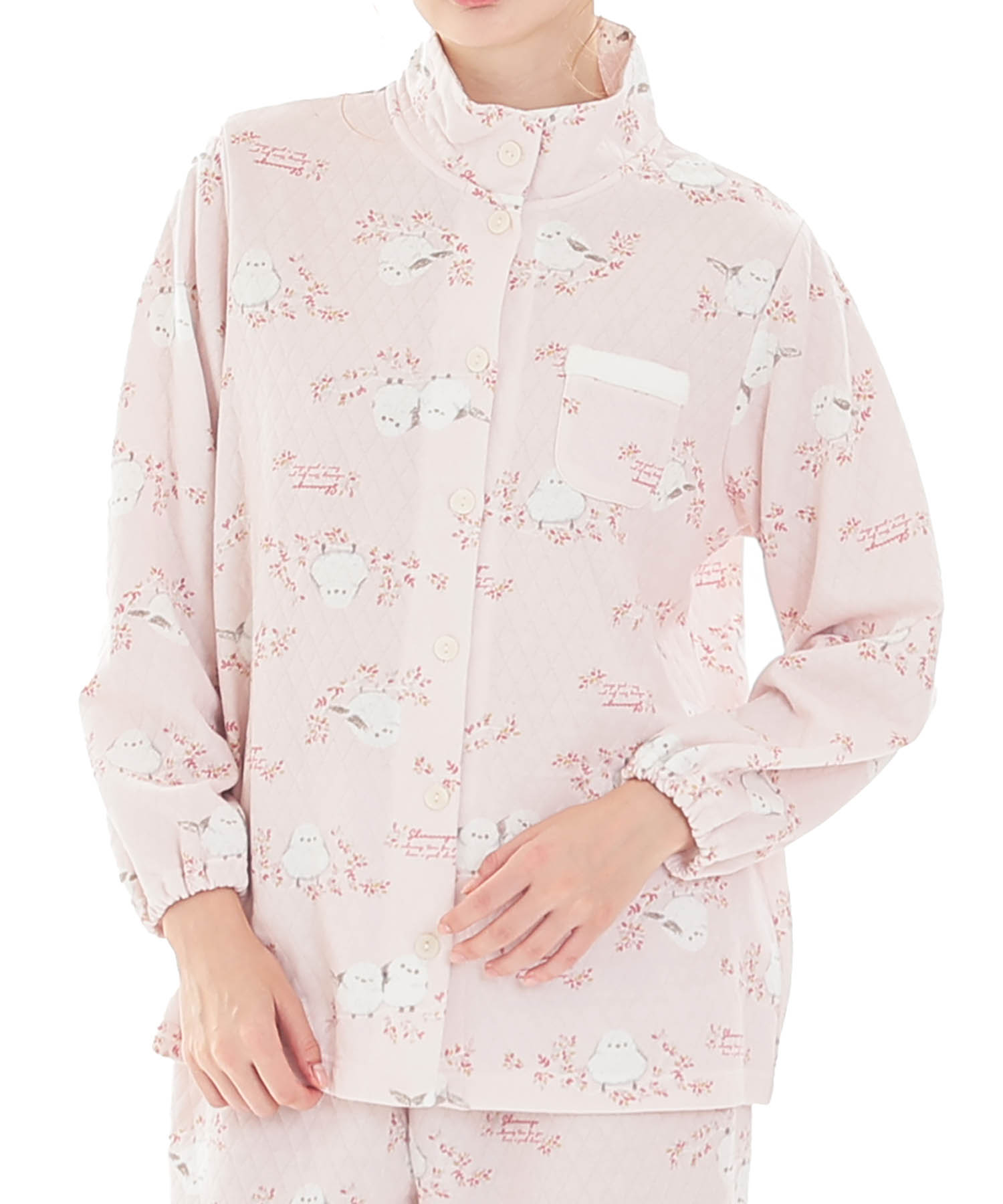 接結（綿入り）シマエナガスタンドカラーパジャマ_パジャマ&ルームウェア-セットアップ_ピンク_0